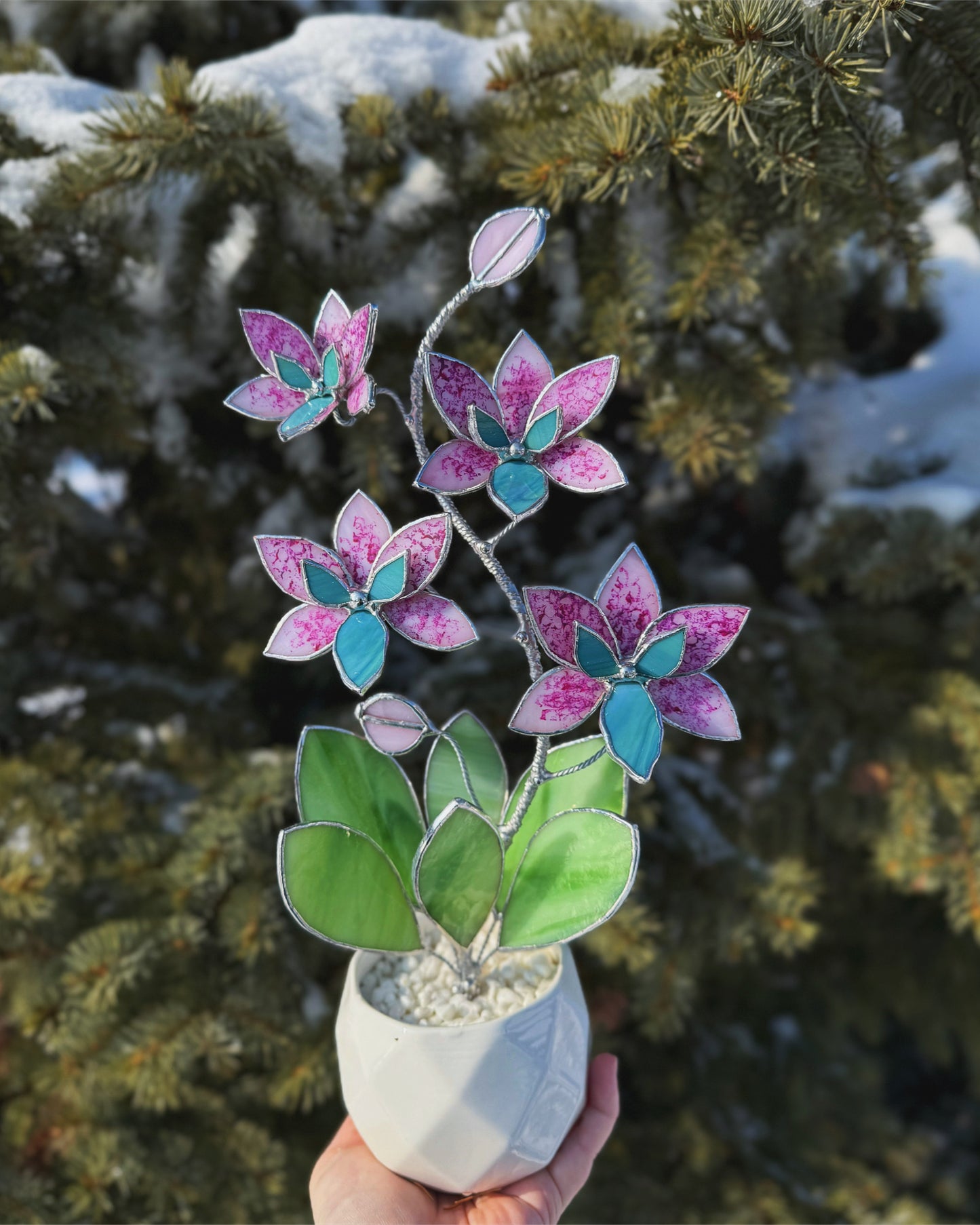 " . Bright Pink Tiger Orchid, 4 flowers with pot”, Stained glass tropical flower 3D, Sun catcher, Table plant, Garden stick, Outdoor and gardening decor