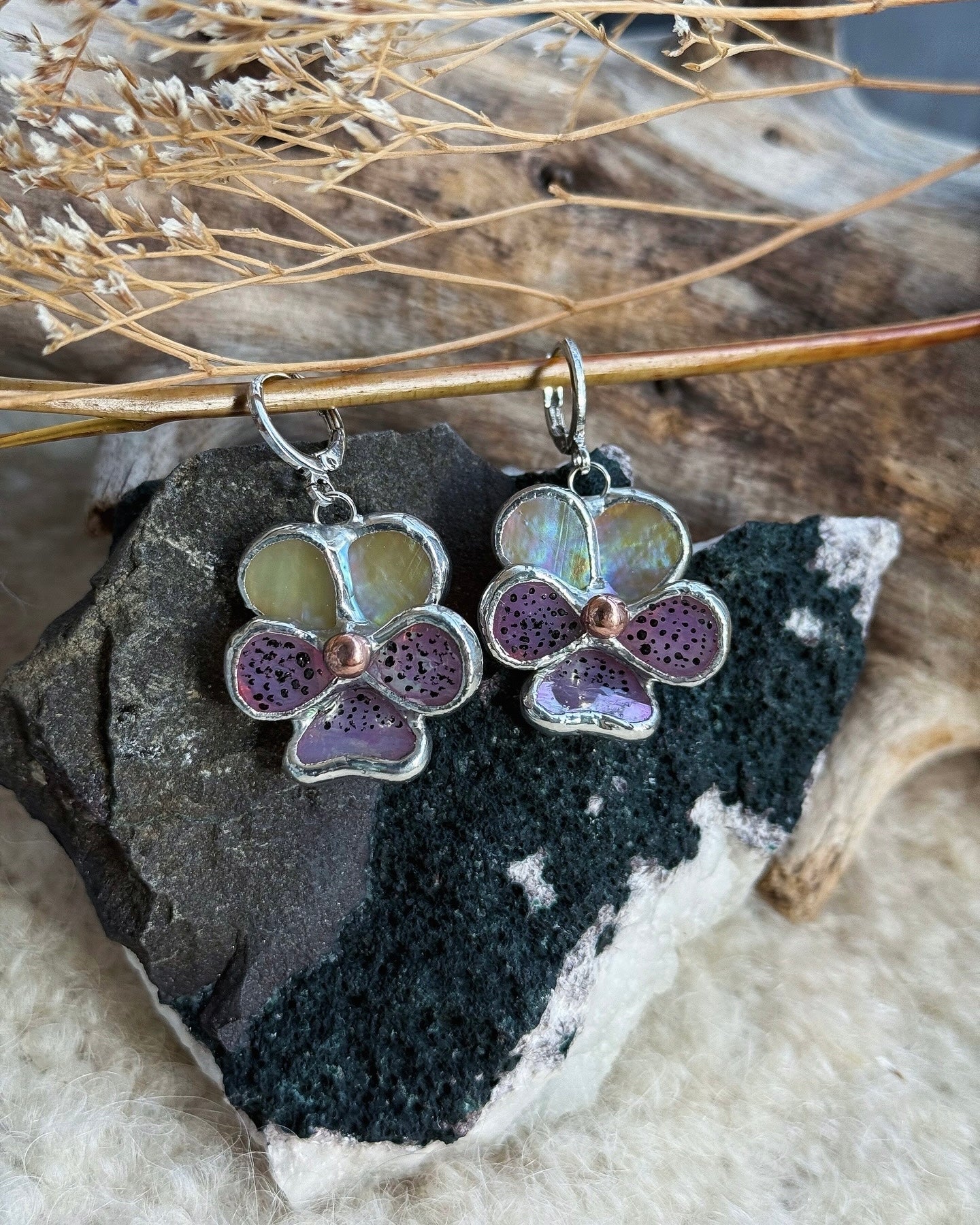 " . Earrings Pansy flower” Stained glass modern floral art jewelry