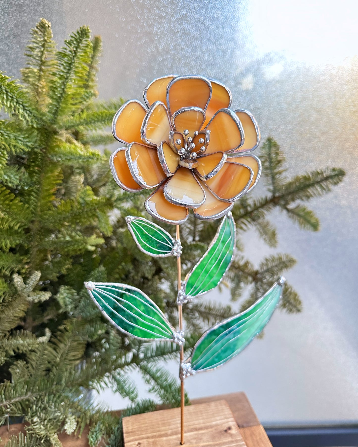 ".Peach Peony", Stained glass tropical flower 3D, Sun catcher, Table plant decor, Garden stake, wedding decor, Christmas gift