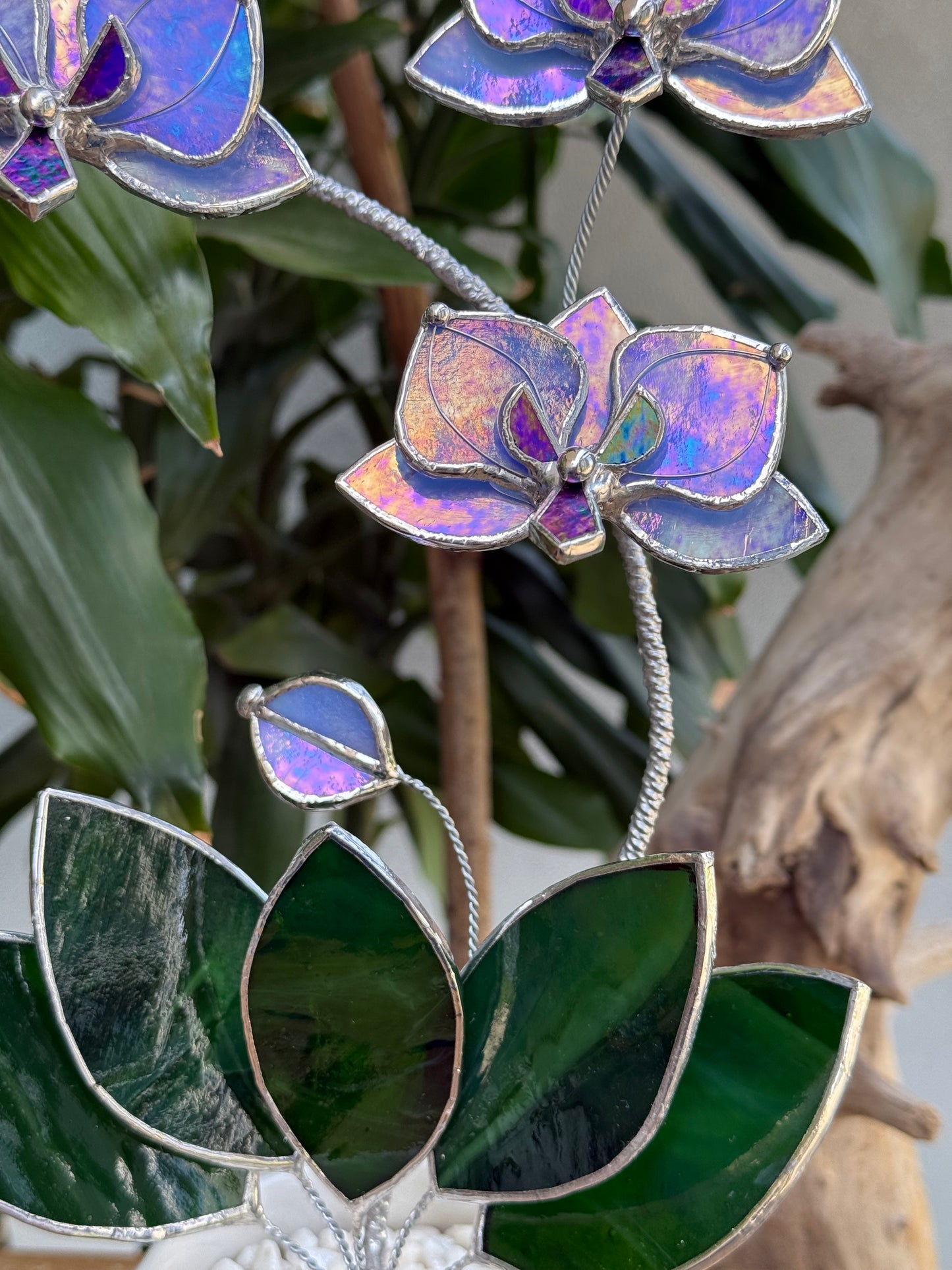 " . Blue lavender iridescent Orchid 3 flowers with pot” Stained glass tropical flower 3D, Sun catcher, Table plant, Garden stick, Outdoor and gardening decor available new
