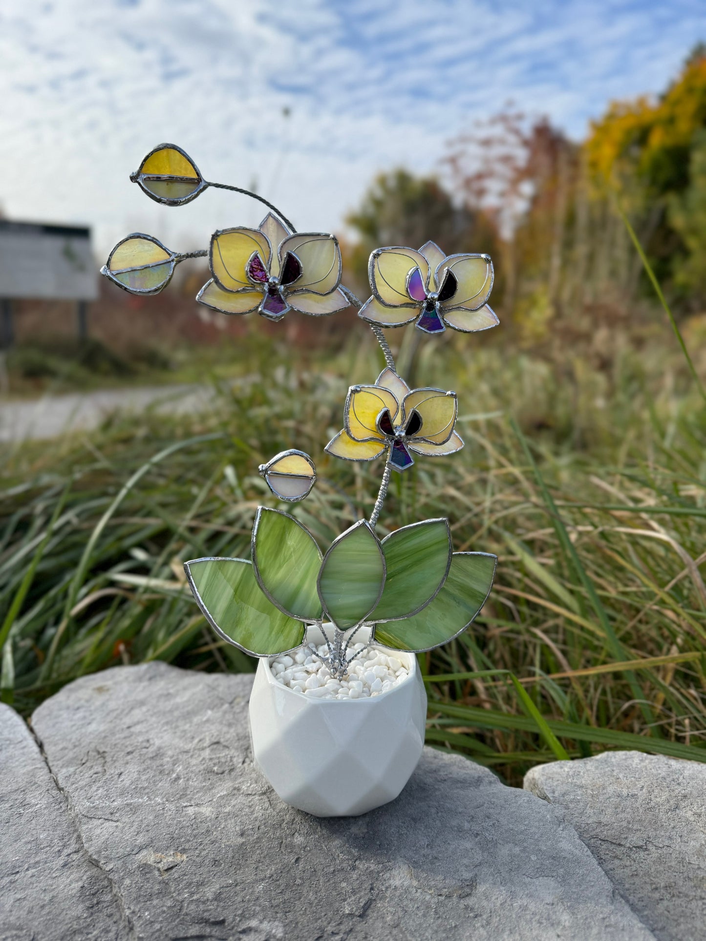 " . Lemon yellow iridescent Orchid 3 flowers with pot” Stained glass tropical flower 3D, Sun catcher, Table plant, Garden stick, Outdoor and gardening decor