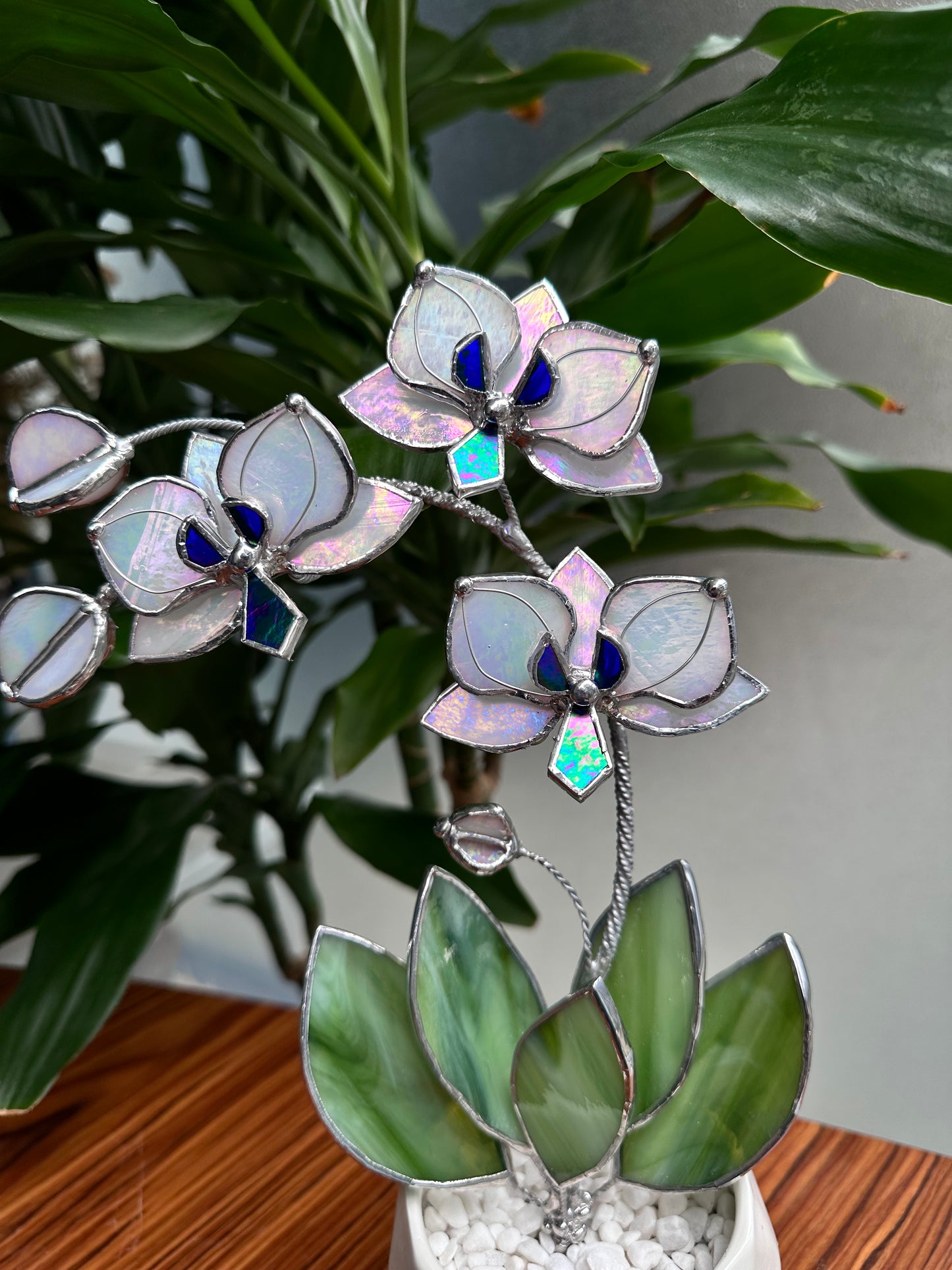 ". White Pearl iridescent Orchid 3 flowers with pot” Stained glass tropical flower 3D, Sun catcher, Table plant decor, Garden stick, Outdoor and gardening decor