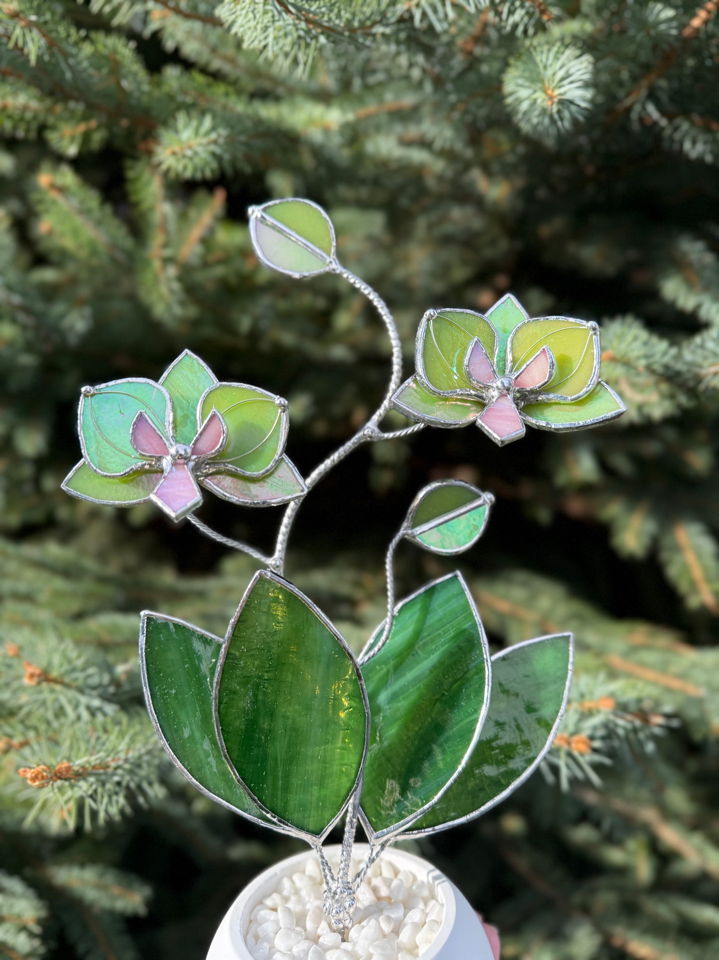 " .  Bright green iridescent Orchid, 2 flowers with pot” Stained glass tropical flower 3D, Suncatcher, Table plant decor
