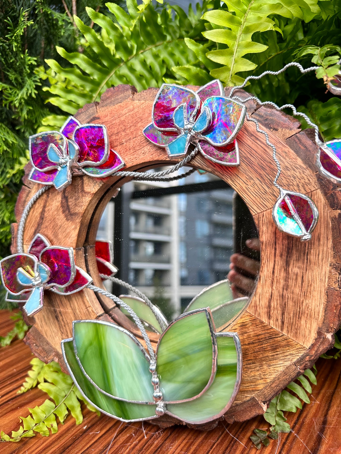 ". Red transparent iridescent Orchid Mirror" Stained glass flower Wall decor.  Sun catcher Wooden frame Home wedding Decor Art. Christmas gift