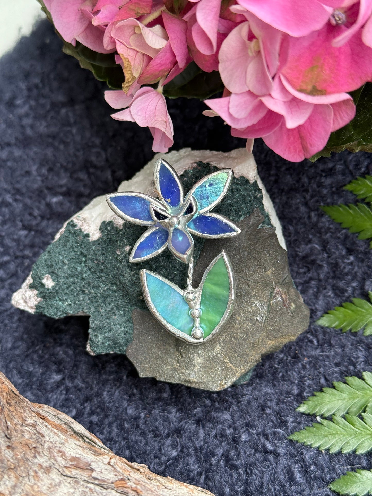 Orchid Blue lumi Brooch Stained Glass Floral Pin, Modern Art Jewelry statement ready new