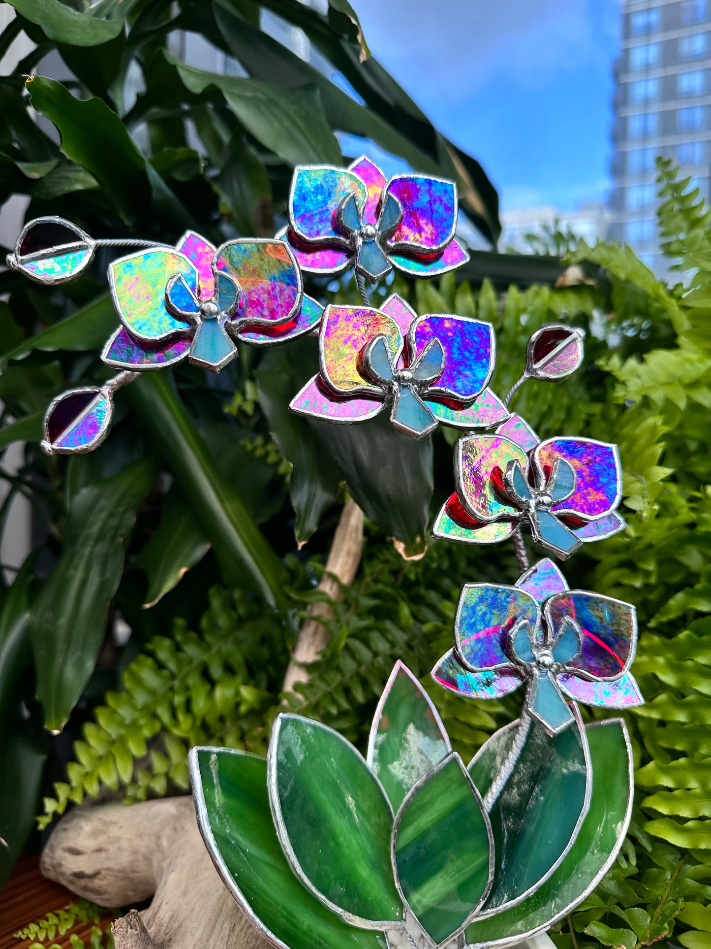 " . Red transparent iridescent Orchid 5 flowers with pot" Stained glass tropical flower 3D, Sun catcher, Table plant, Garden stick, wedding decor, Christmas gift