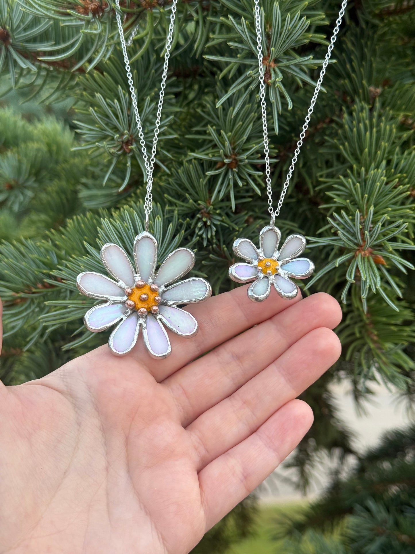 Daisy White Pearl Iridescent L S sizes, Stained Glass Necklace or Brooch, Handmade Botanical Jewelry