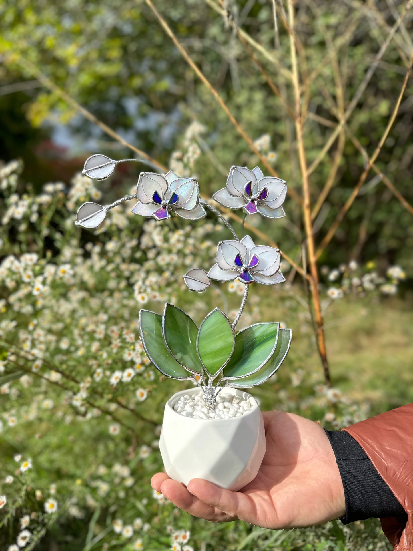 " . Orchid Pearl white iridescent, 3 flowers with pot” Stained glass tropical flower 3D, Sun catcher, Table plant decor, Garden stick, Outdoor and gardening decor