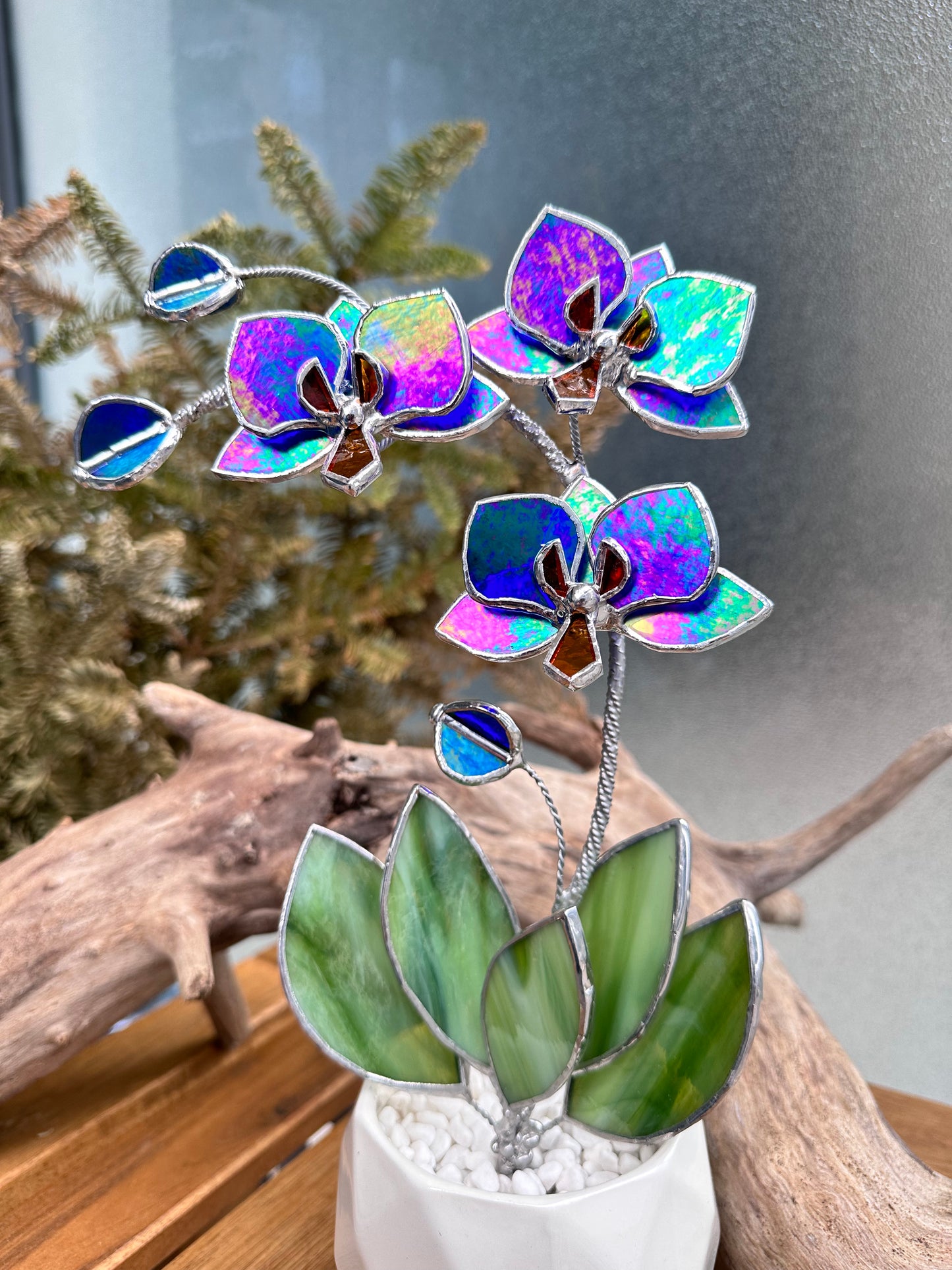 " .Indigo iridescent Orchid 3 flowers with pot” Stained glass tropical flower 3D, Sun catcher, Table plant, Garden stick, Outdoor and gardening decor