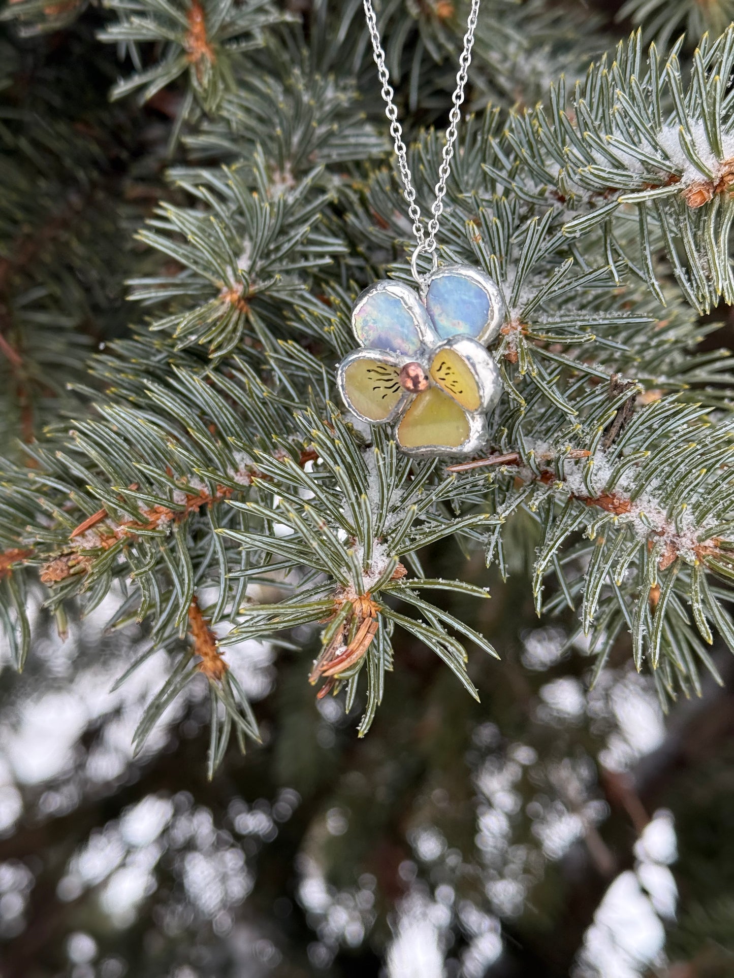 " . Pansy Lavender irid & Yellow irid Necklace” Stained glass tropical flower 3D, art jewelry