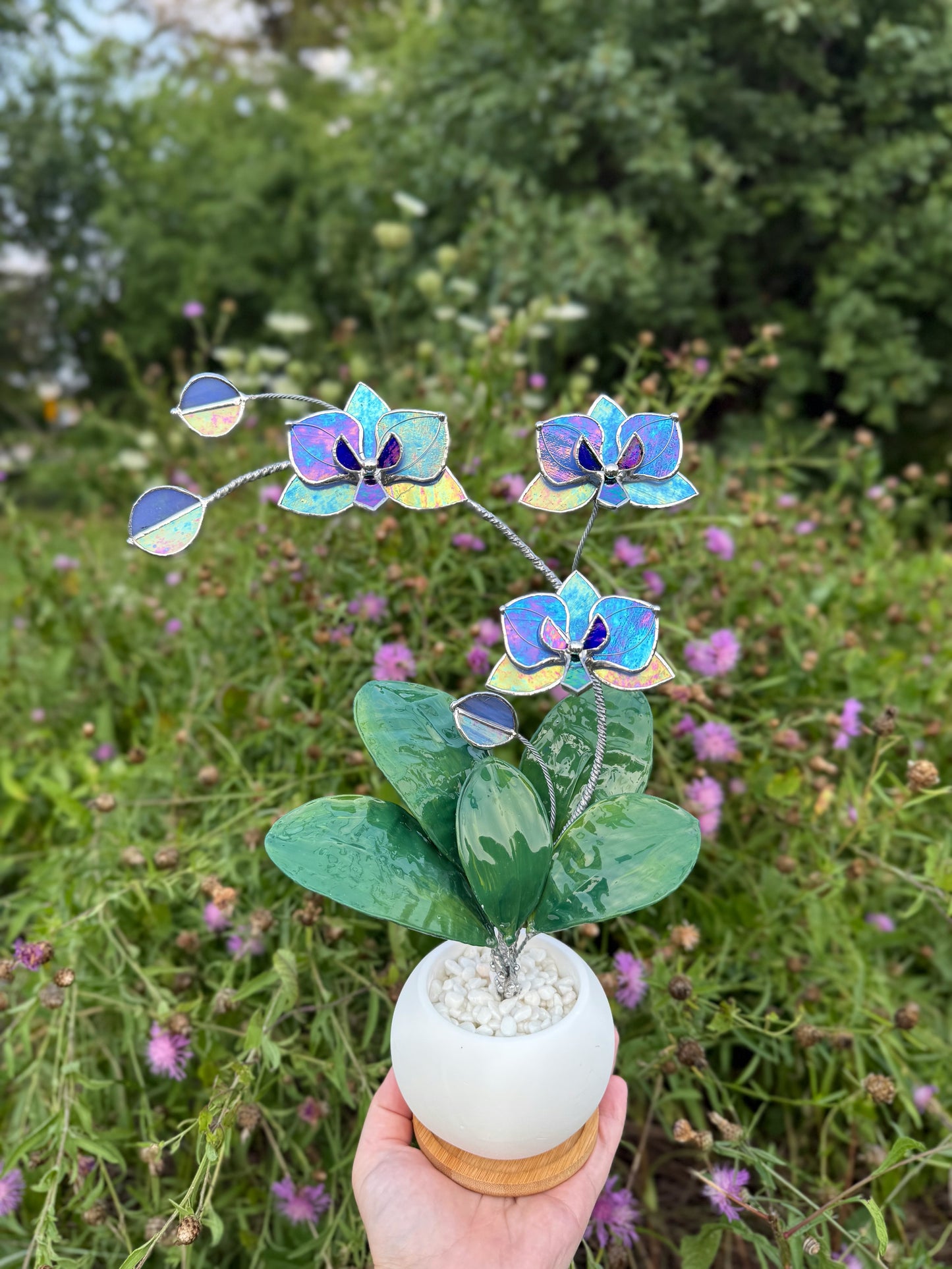 Orchid Lavender Blue Stained Glass WITH Hand Painted RESIN LEAVES, 3 Flowers, Botanical Table Decor