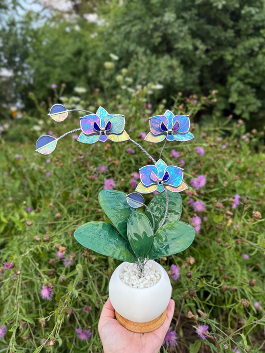 Orchid Lavender Blue Stained Glass WITH Hand Painted RESIN LEAVES, 3 Flowers, Botanical Table Decor