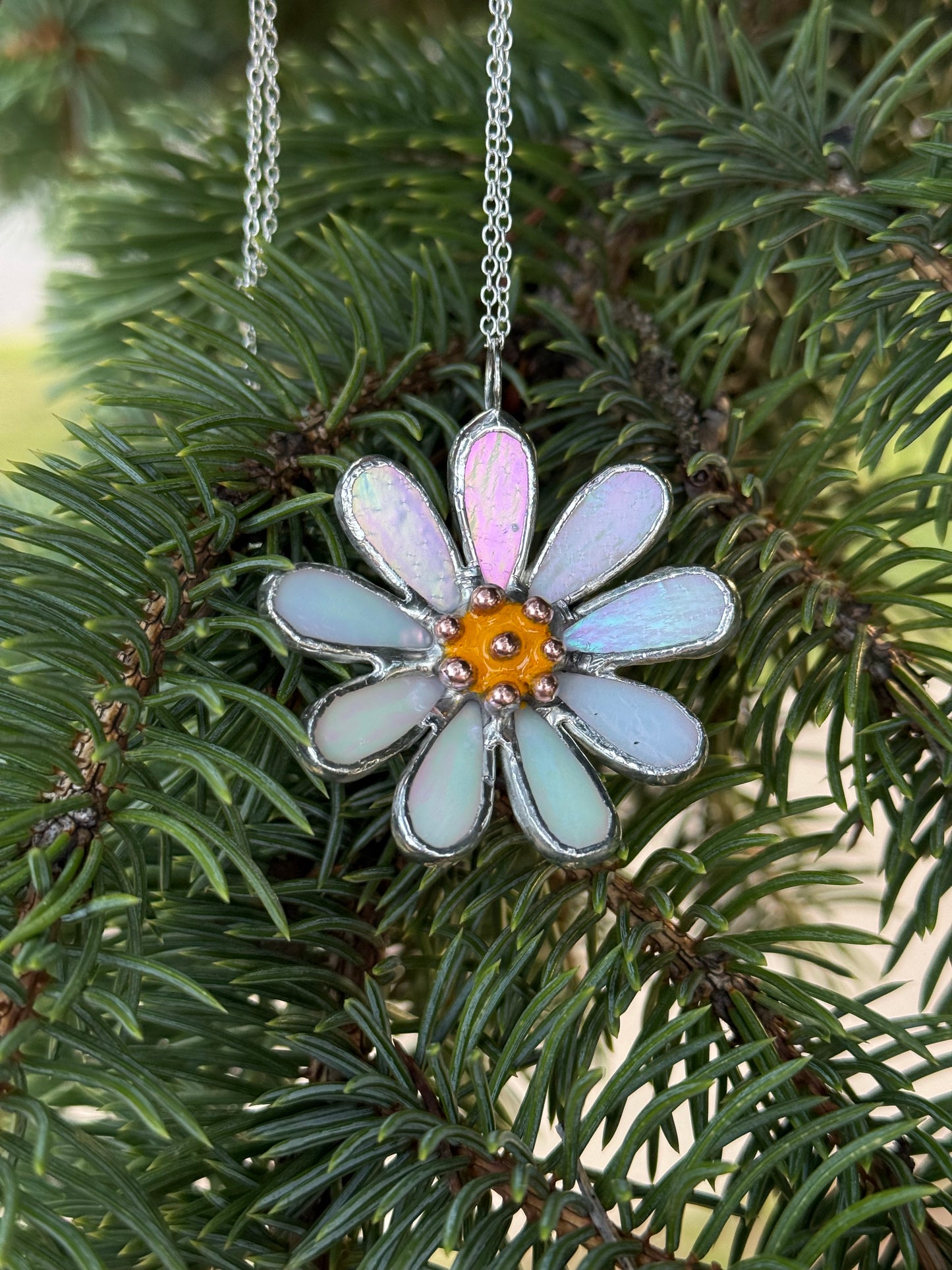 Daisy White Pearl Iridescent L S sizes, Stained Glass Necklace or Brooch, Handmade Botanical Jewelry