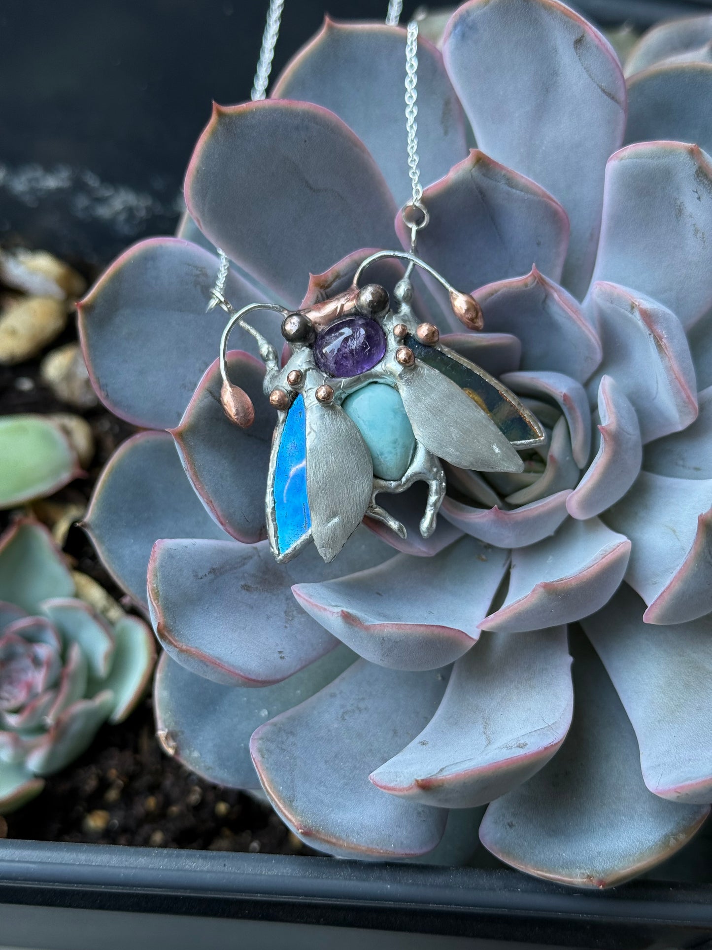 " . Bug necklace Magic Moth with Blue Larimar & Amethyst”, stained glass art jewelry pendant 3D wedding jewelry Mother’s Day gift