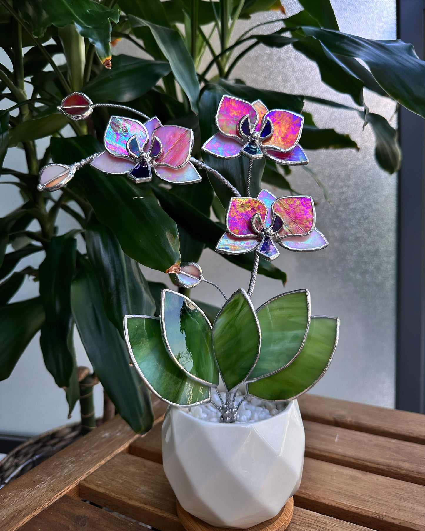 ". Peachy white iridescent Orchid 3 flowers with pot” Stained glass tropical flower 3D, Sun catcher, Table plant, Garden stick, Outdoor and gardening decor