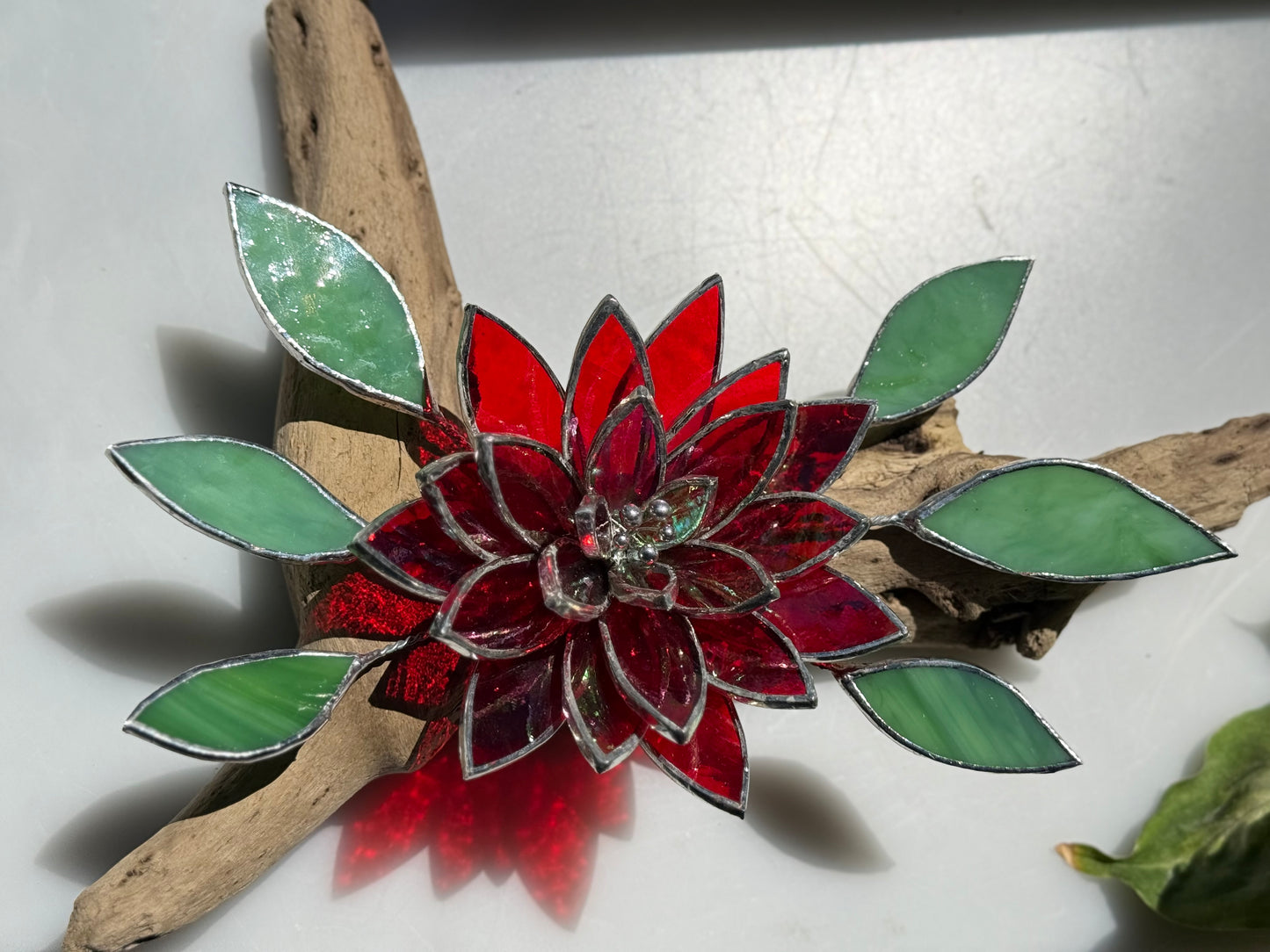 .Fire Flower Iridescent Stained Glass Driftwood Wall Decor Suncatcher