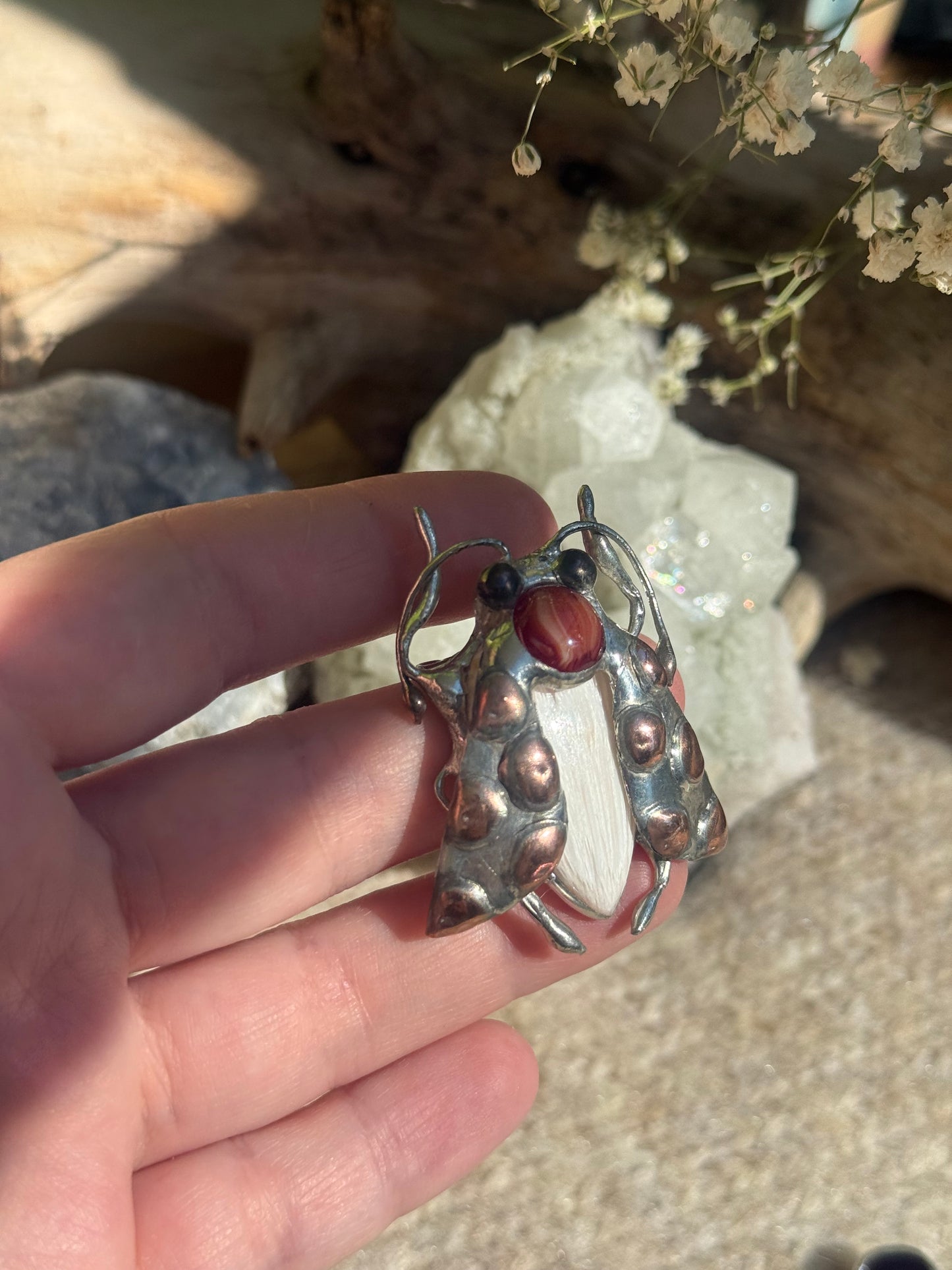 Brooch Tiger Moth with Palm Stone & Fused Glass, Gemstone Jewelry stone new