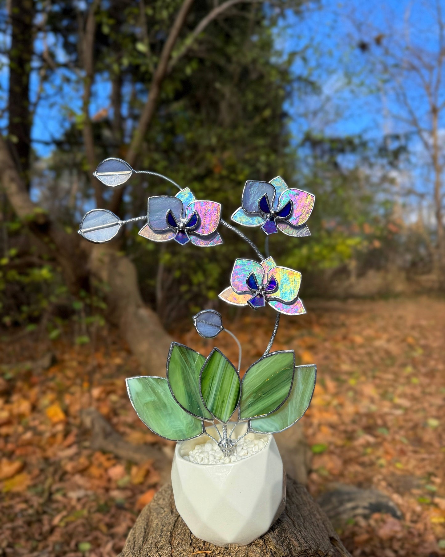 " . Lavender iridescent Orchid 3 flowers with pot” Stained glass tropical flower 3D, Sun catcher, Table plant, Garden stick, Outdoor and gardening decor