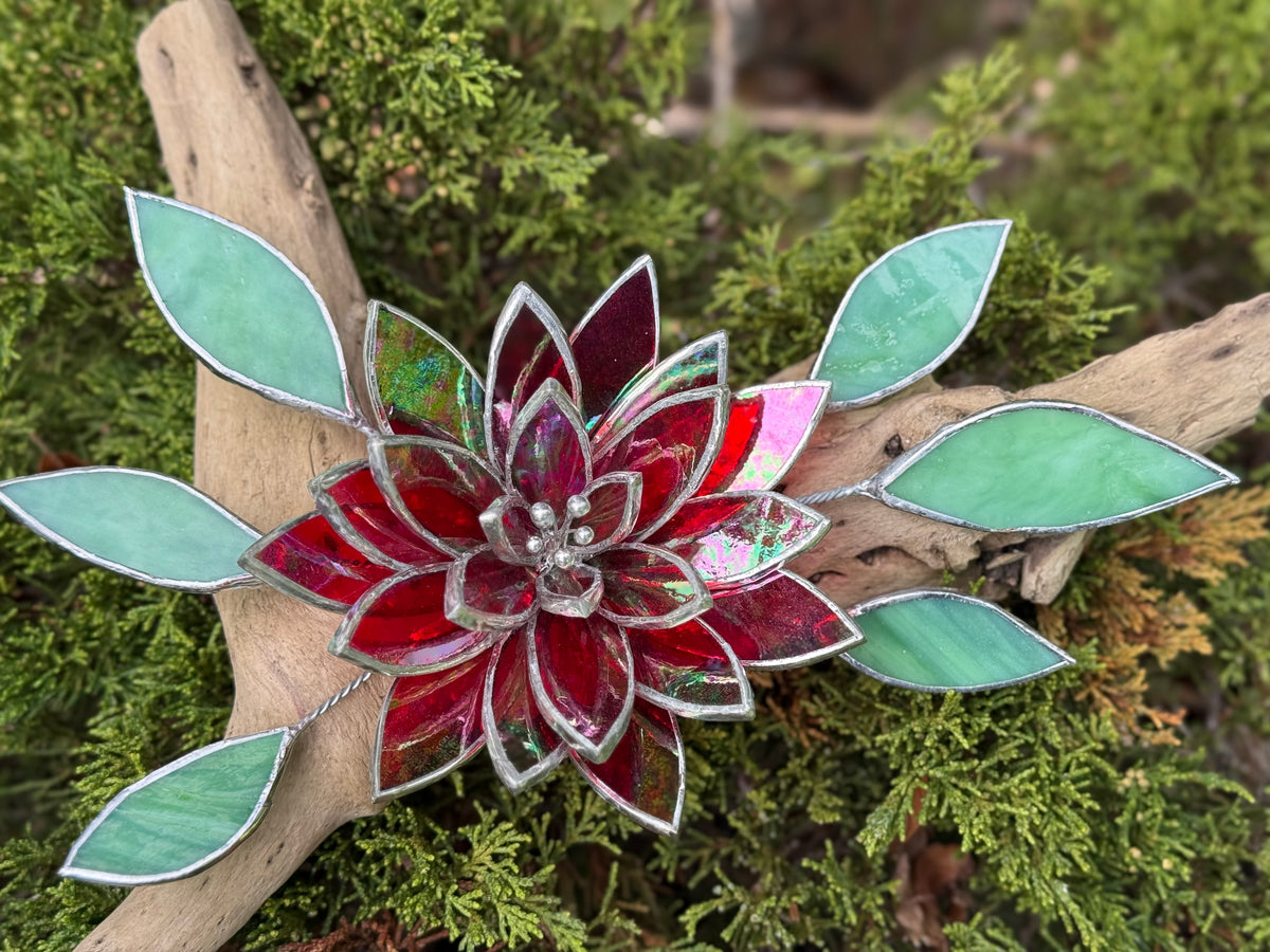 Fire Flower Iridescent Stained Glass Driftwood Wall Decor Suncatcher