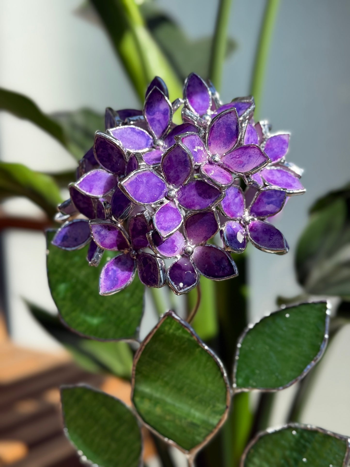 .Hand Painted Hydrangea Purple Stained glass Handcrafted Floral Home Decor