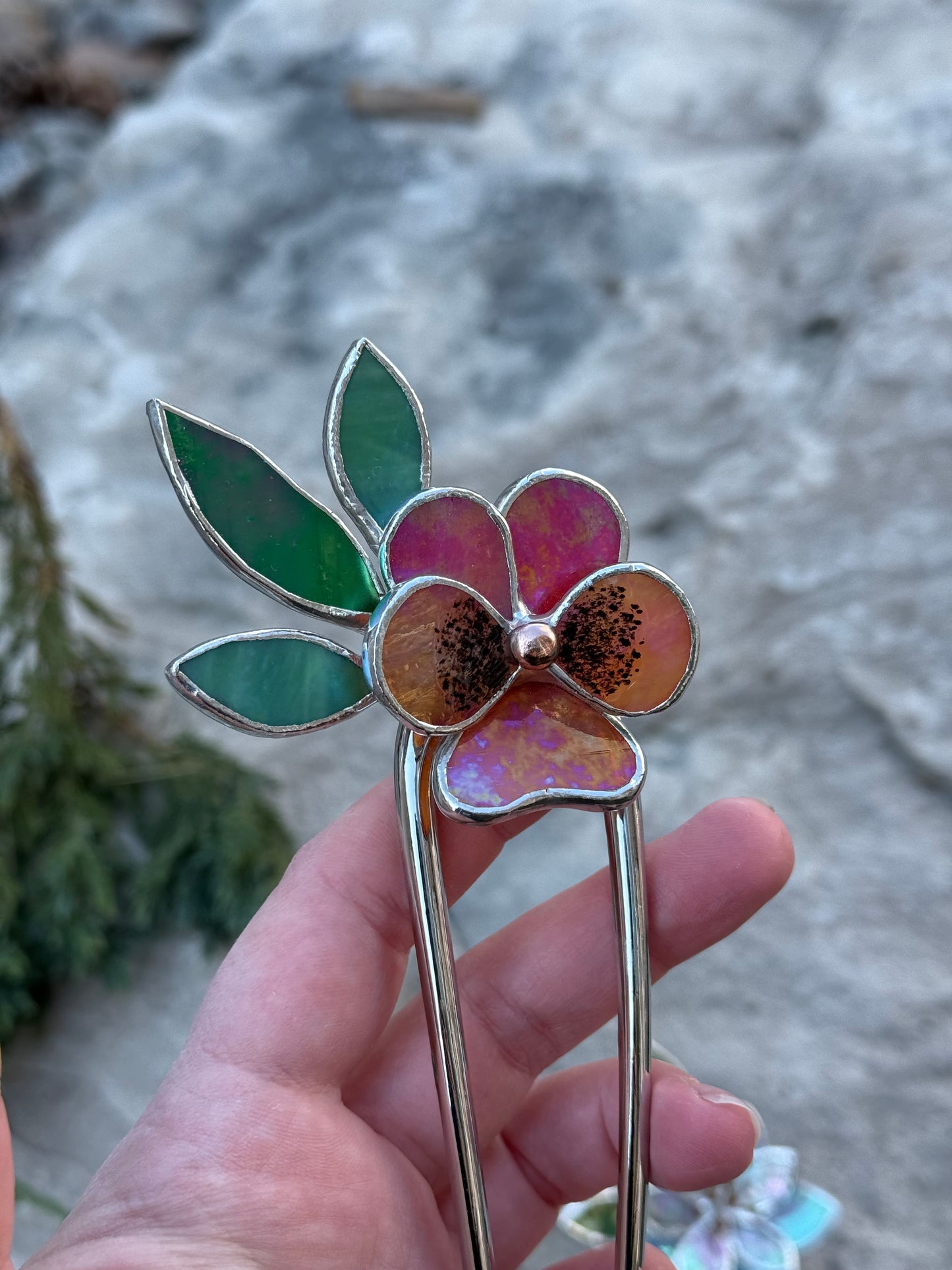 .Hair Pin Stained Glass Pansy Flower CHOOSE COLOR Handmade Floral Accessories