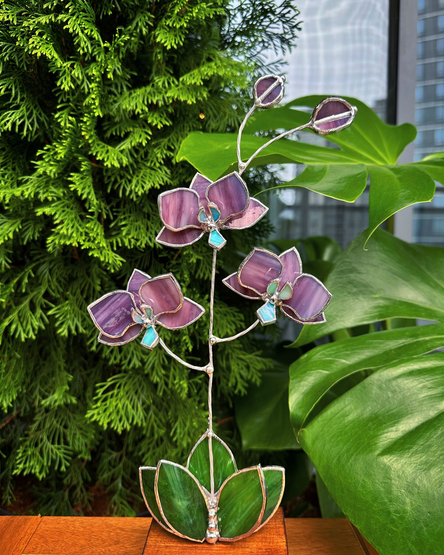 .Orchid Bright Purple, Stained glass tropical flower 3D, Sun catcher,  Table plant decor, Garden stake, wedding decor, Christmas gift