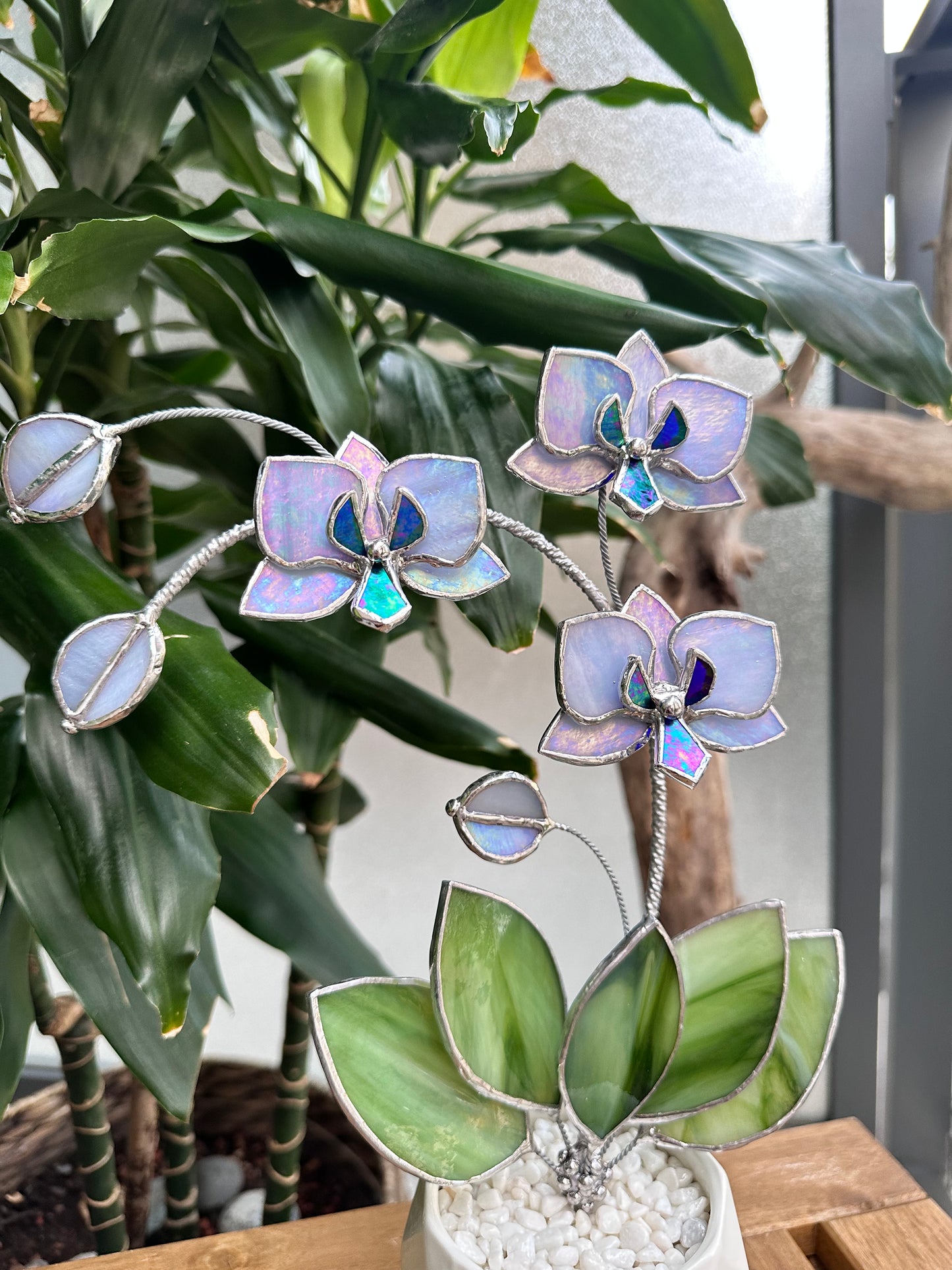 " . Lavender iridescent Orchid 3 flowers with pot” Stained glass tropical flower 3D, Sun catcher, Table plant, Garden stick, Outdoor and gardening decor