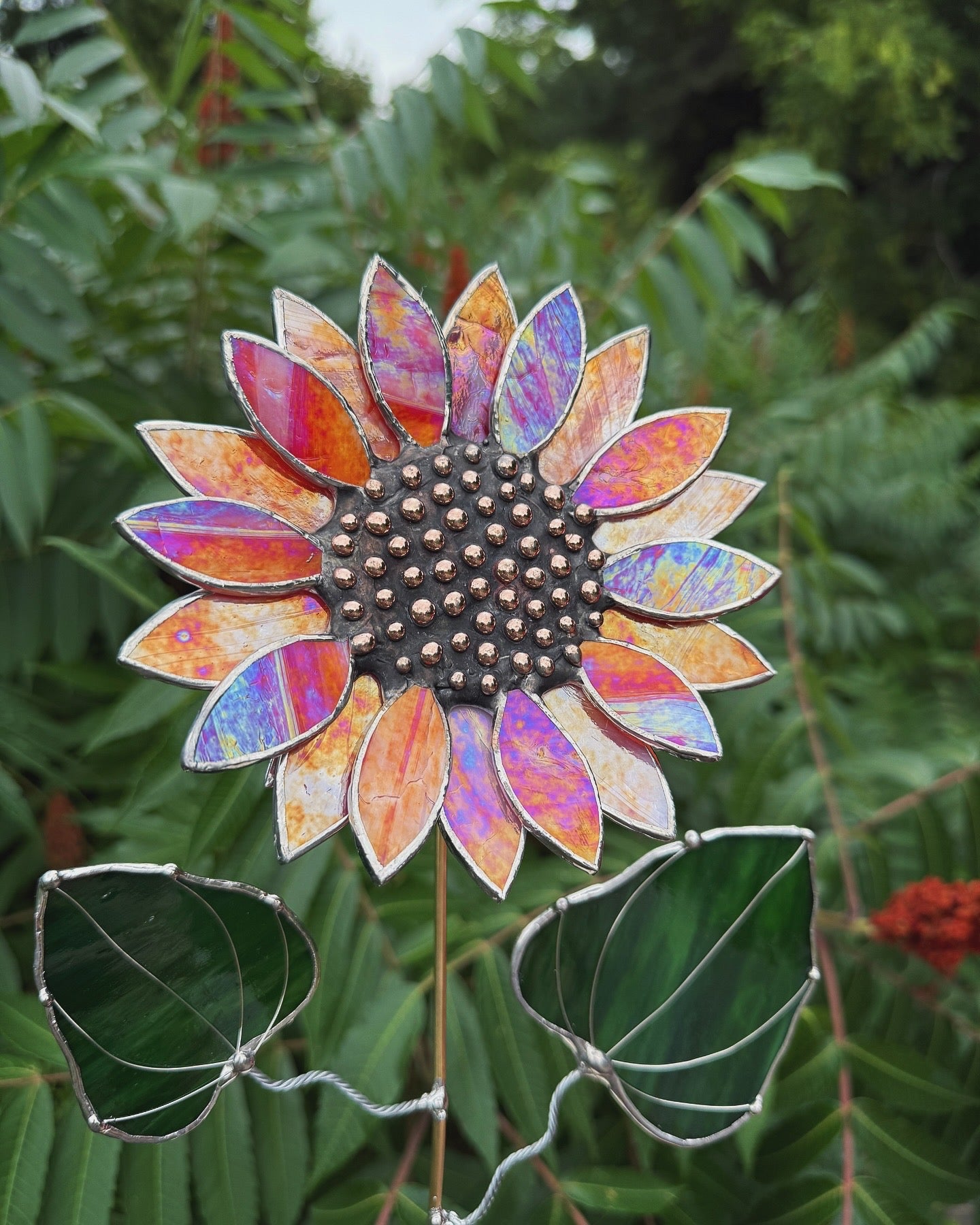 " .  Sunflower Red Amber iridescent", stained glass tropical flower 3D, Sun catcher, Table plant decor, Garden stake, Outdoor and gardening, wedding Christmas gift