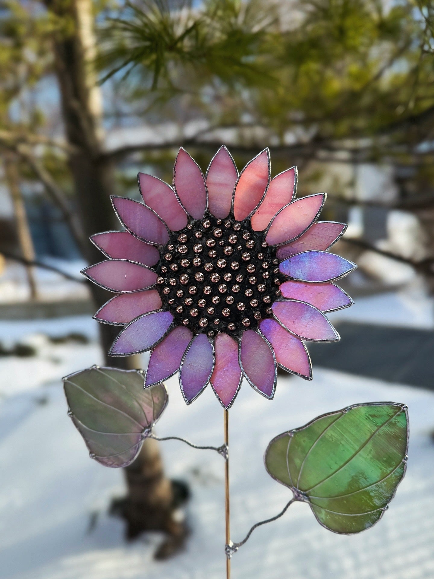 "  . Sunflower Delicate Pink irid ", stained glass tropical flower 3D, Sun catcher, Table plant decor, Garden stake, Outdoor and gardening, wedding Christmas gift