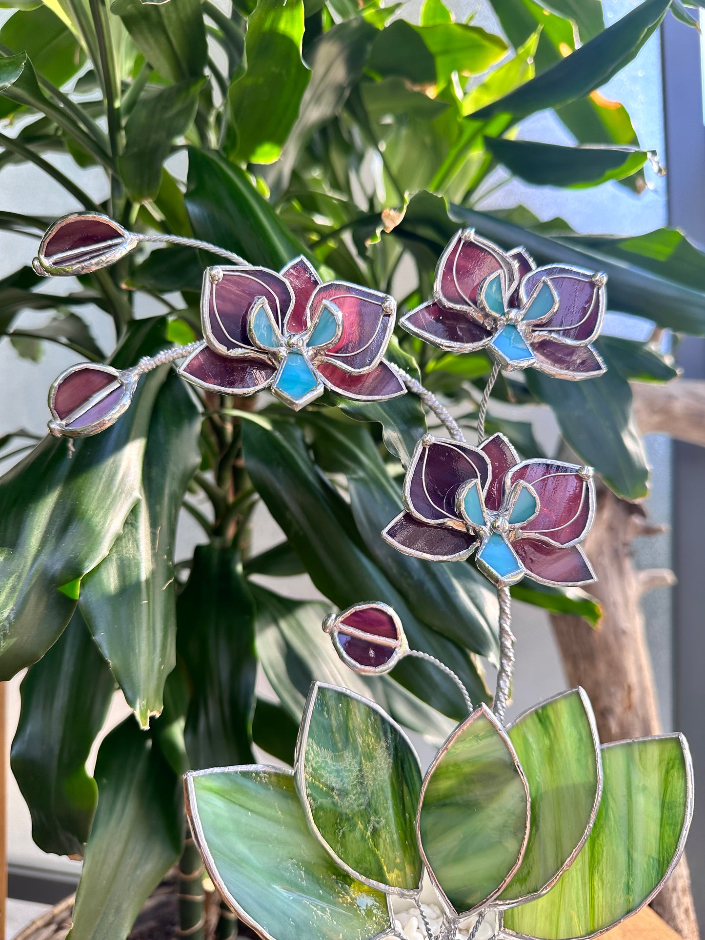 ". Reach Elderberry Orchid 3 flowers with pot” Stained glass tropical flower 3D, Sun catcher, Table plant decor, Garden stick, Outdoor and gardening decor