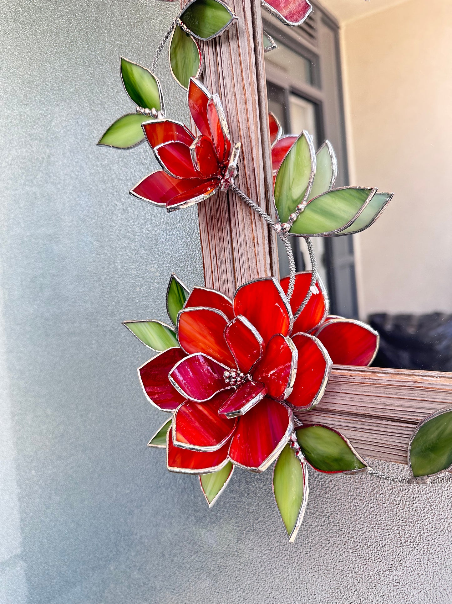 ".Stained glass flower Mirror Magnolia Red & Beige " Wedding Wall Decor, gift Everlasting flower, Suncatcher, Echeveria