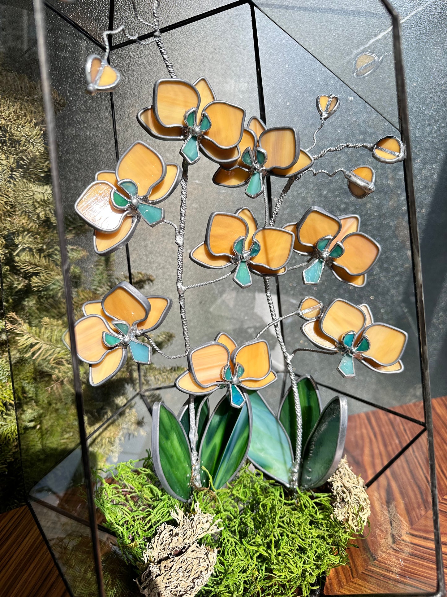 " .Geometric glass 3D terrarium Asymmetrical with stained glass orchids. Wedding glass decor, Mother’s Day  gift, glass art, suncatcher, succulents, cacti