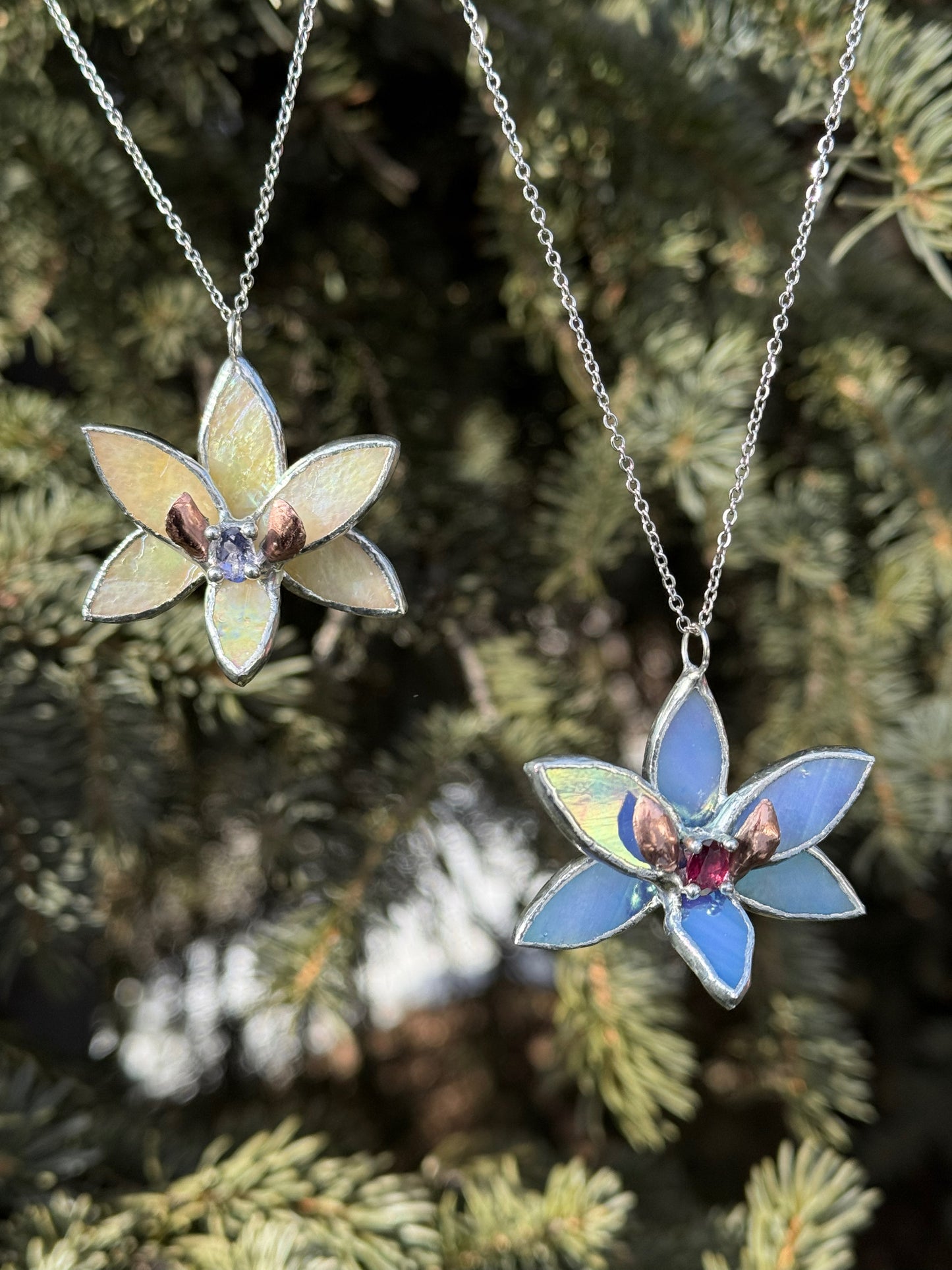 " . Necklace Tropical Orchid Yellow iridescent with Blue Iolite ” Stained glass tropical flower 3D, art jewelry