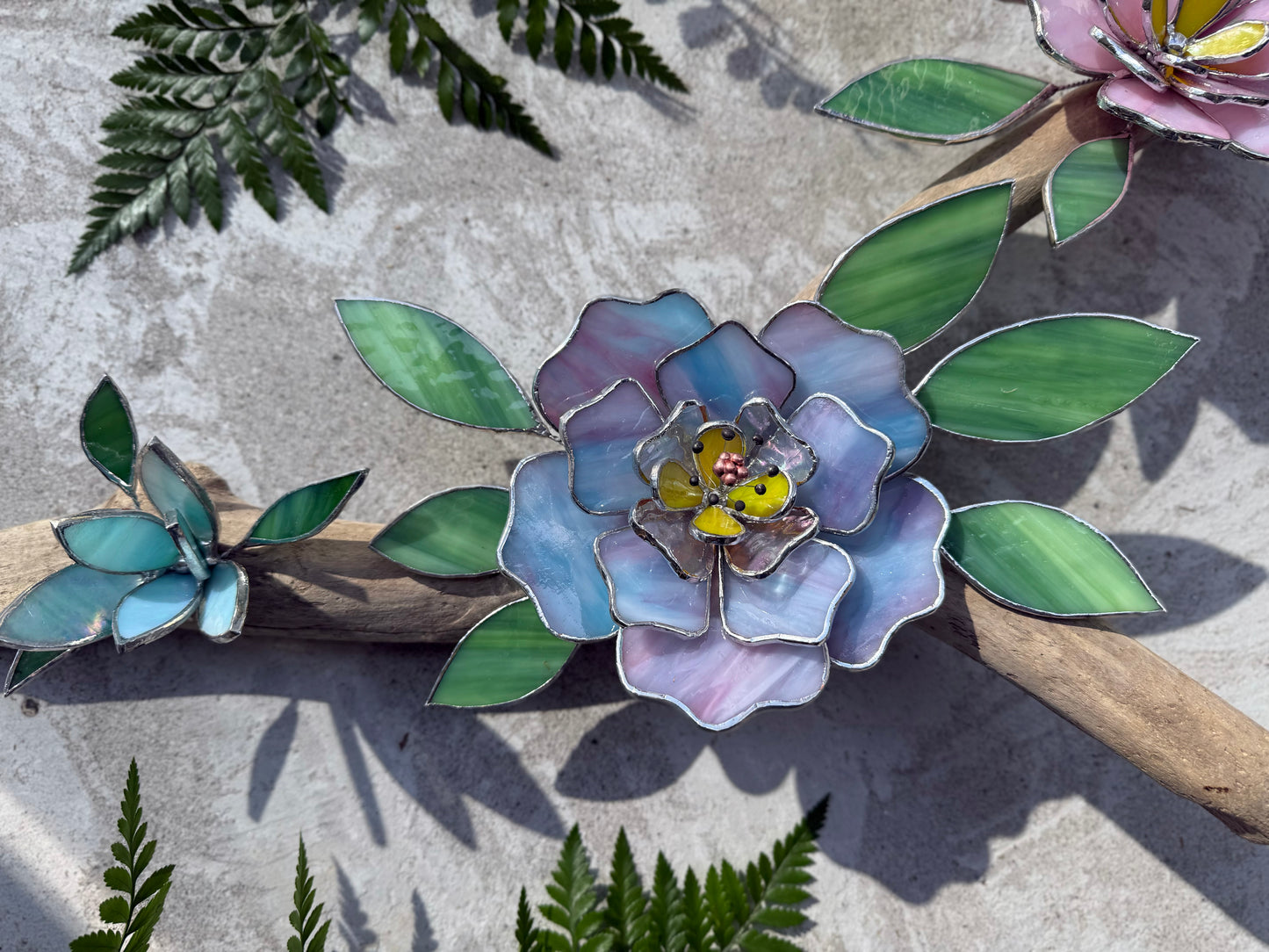 .Peonies Stained Glass Driftwood Wall Decor Suncatcher
