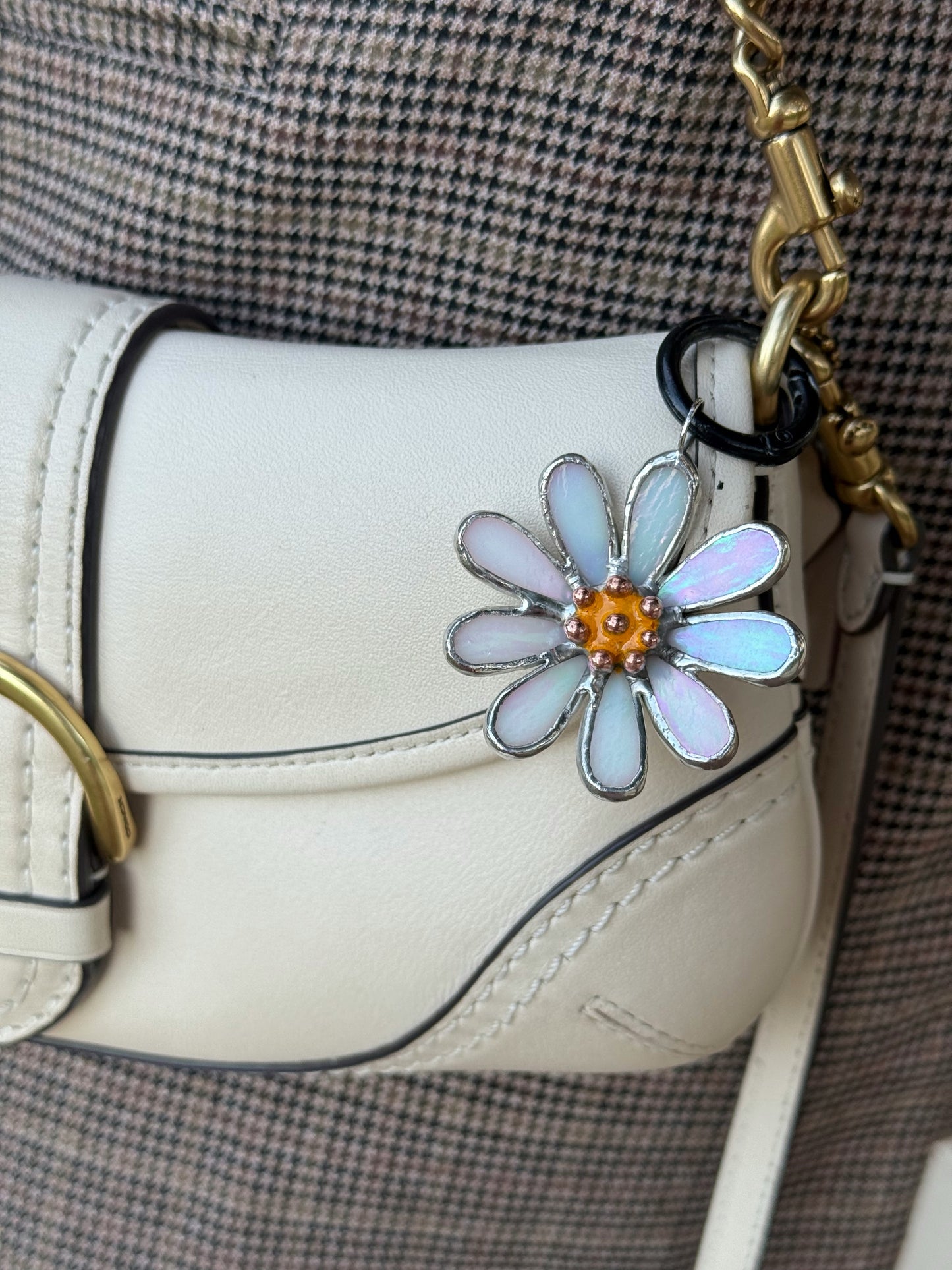 Daisy White Pearl Stained Glass Bag Charm Handmade Lead Free Accessories