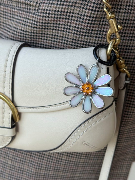 Daisy White Pearl Stained Glass Bag Charm Handmade Lead Free Accessories