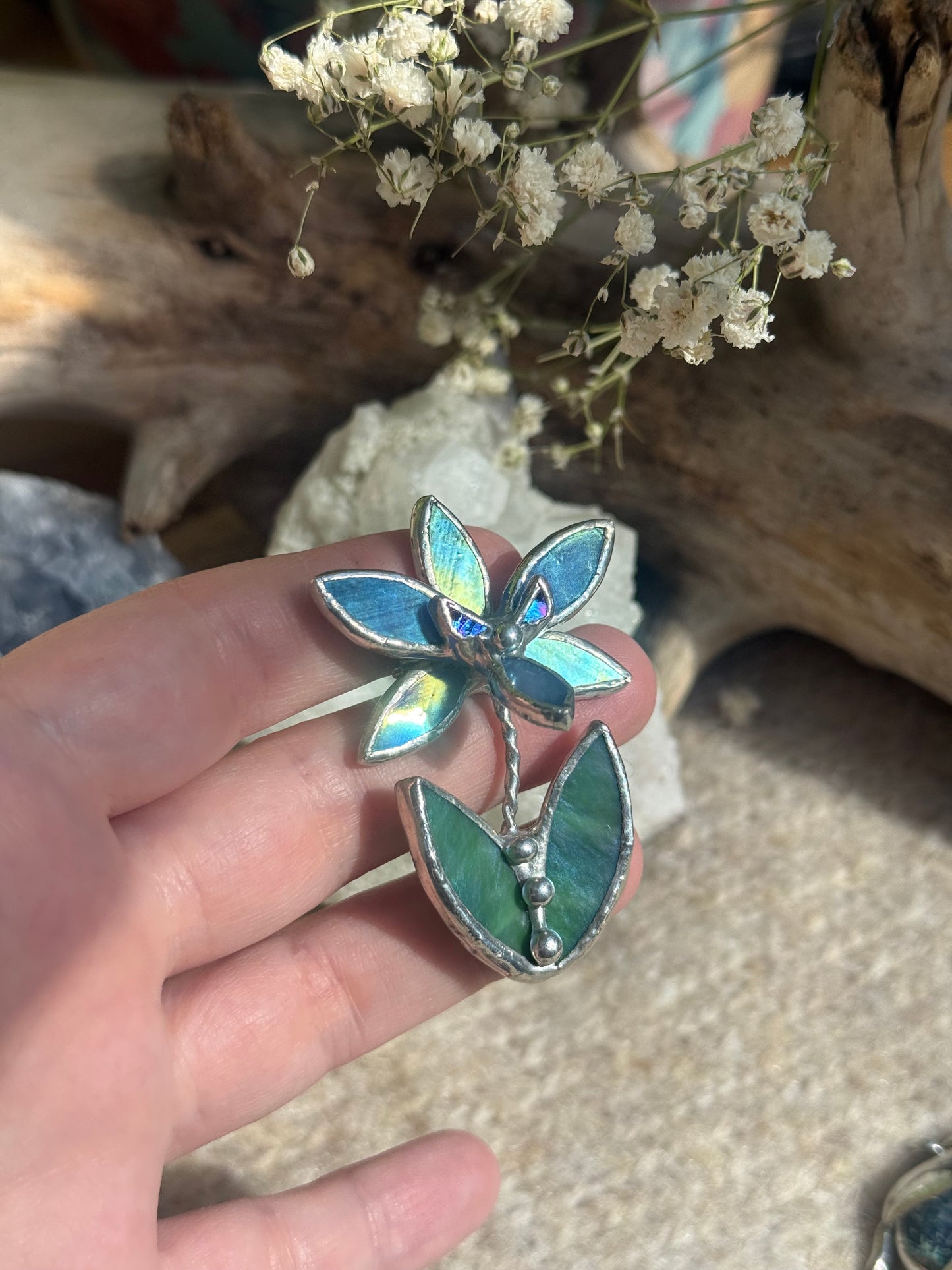 Orchid Blue lumi Brooch Stained Glass Floral Pin, Modern Art Jewelry statement ready new