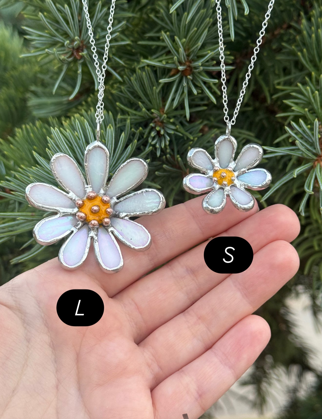 Daisy White Pearl Iridescent L S sizes, Stained Glass Necklace or Brooch, Handmade Botanical Jewelry