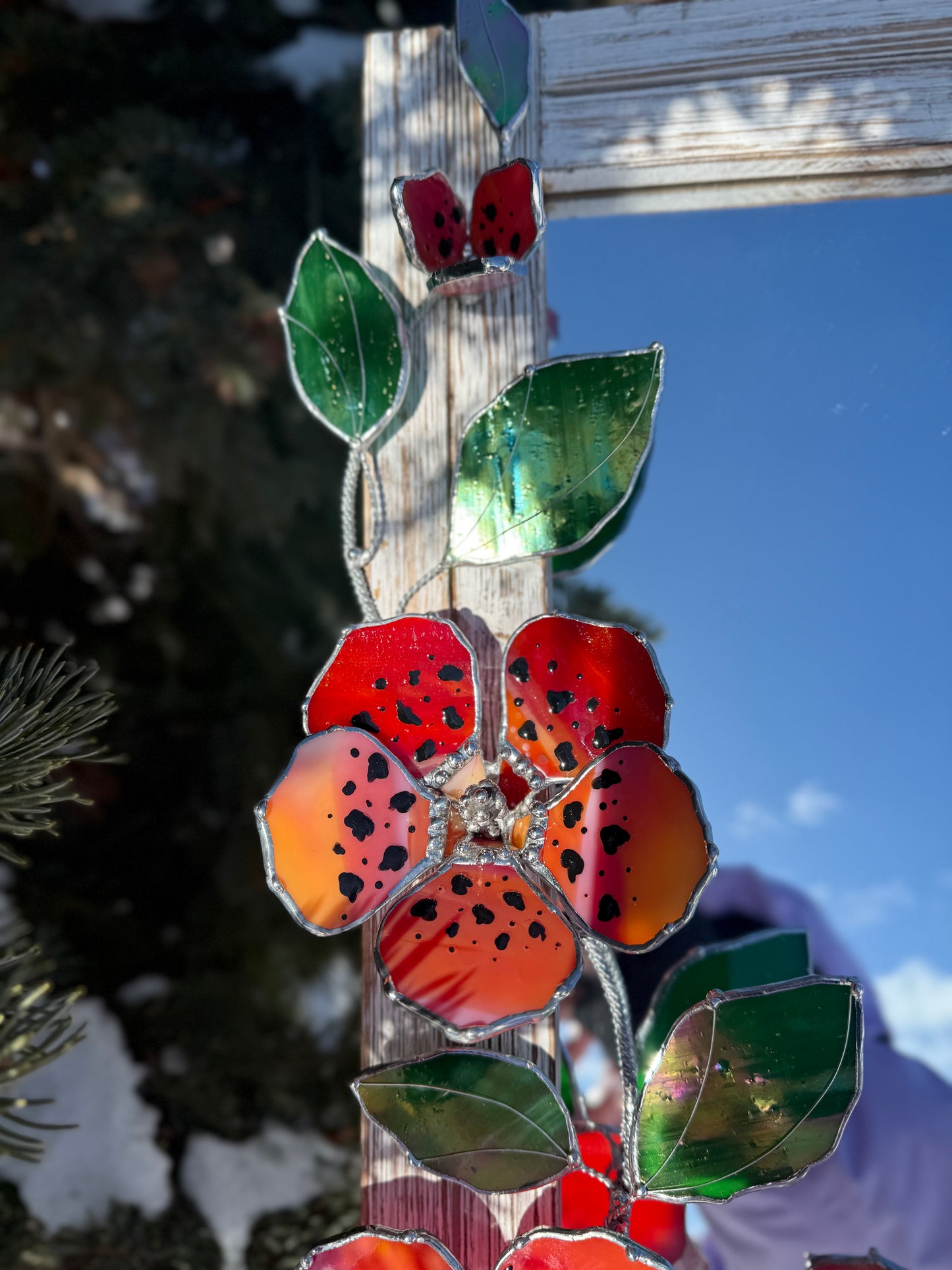 .Tiger Hibiscus Stained glass Wall Mirror, 3D Botanical Floral Art
