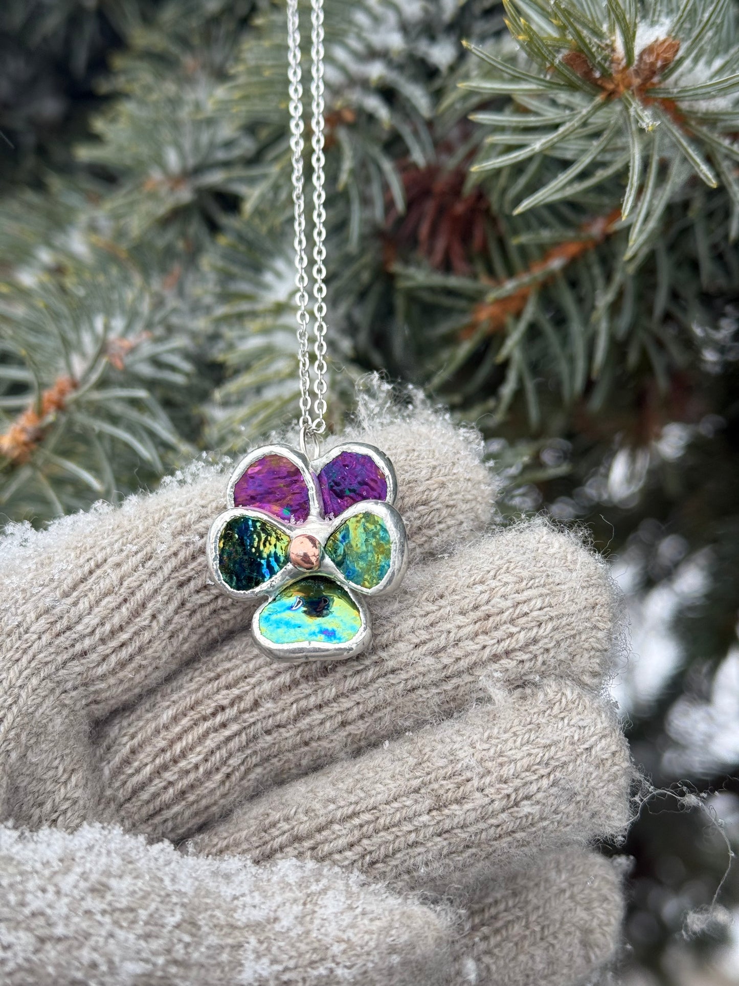 " . Pansy Purple lumi & Yellow-blue lumi Necklace ” Stained glass tropical flower 3D, art jewelry