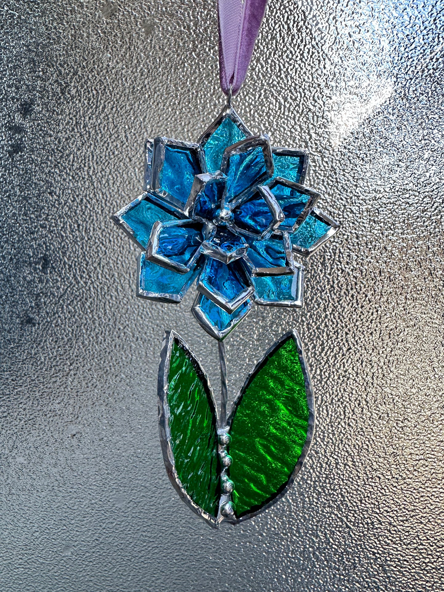 Christmas tree ornament Flower Blue ribbed transparent Set of 1, 3, 5, 7, 10. Stained glass Wall window decor, holiday decorations, lights