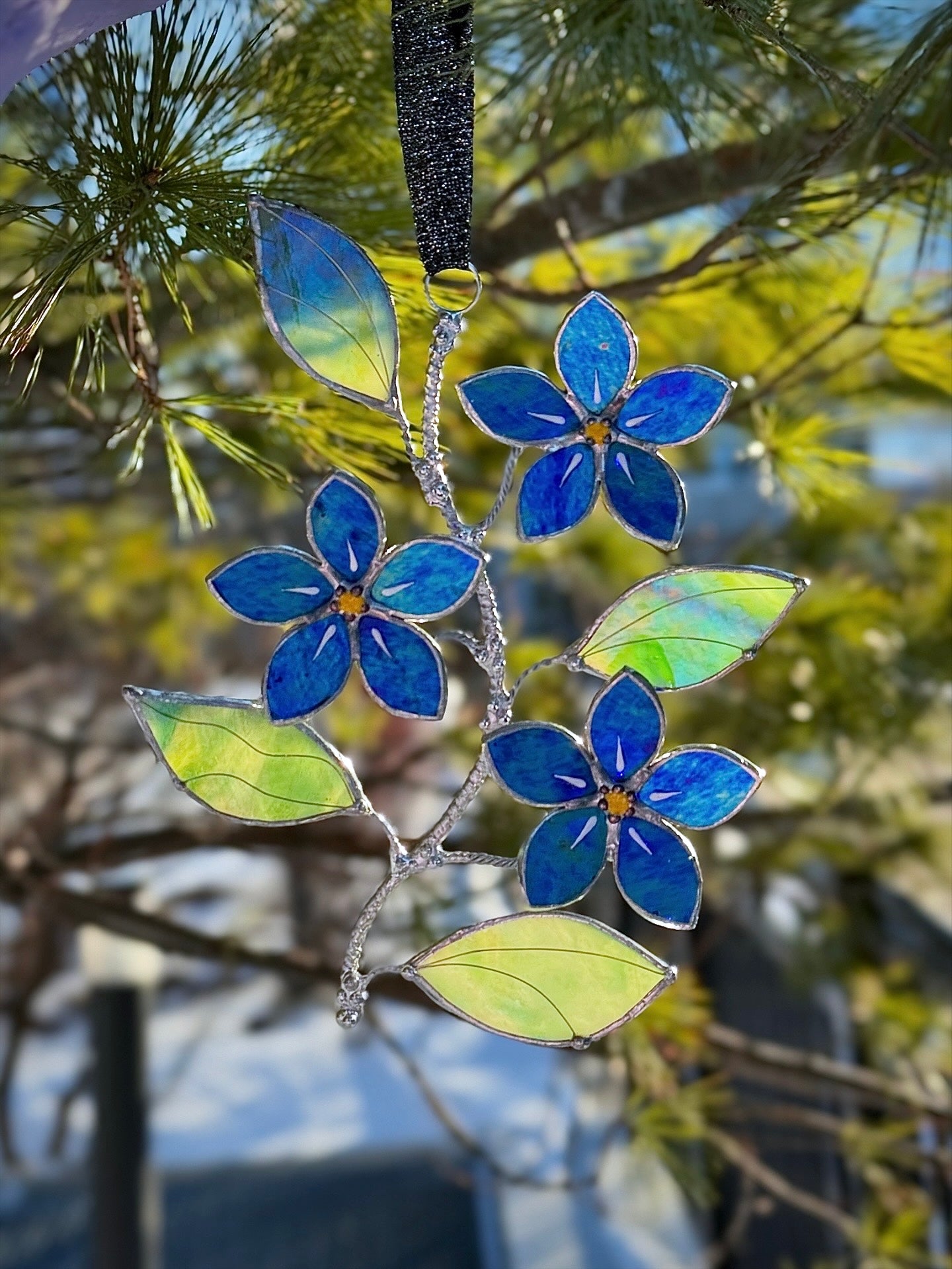 "  . Forget me not flower Indigo iridescent Wall Pendant, Stained glass, Walldecoration, Suncatcher