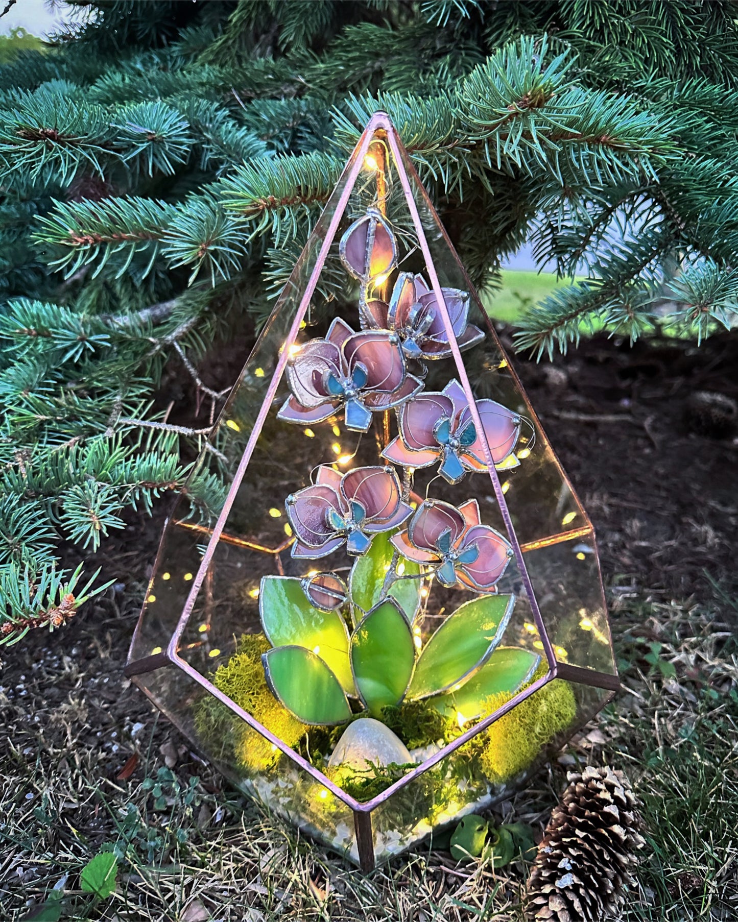 " . Geometric glass 3D terrarium Teardrop with stained glass orchids. Wedding glass decor, Mother’s Day  gift, glass art, suncatcher, succulents, cacti