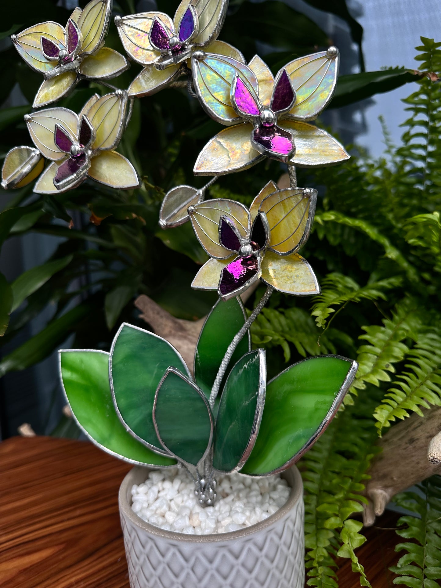 " . Lemon yellow iridescent Orchid XL with pot, 5 flowers, Suncatcher, tropical flowers, Outdoor and gardening, Christmas Wedding gift