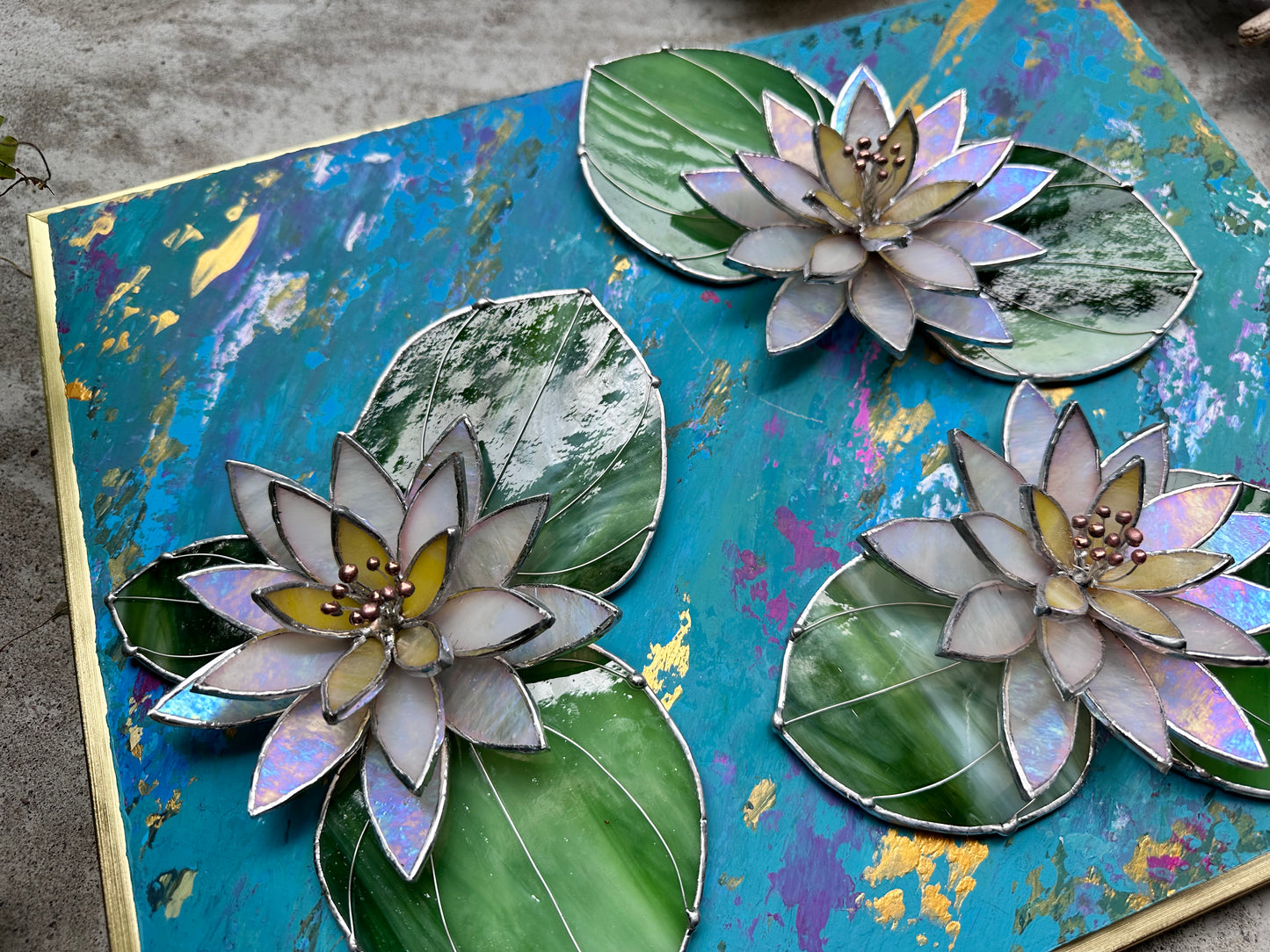 ". Acrylic painting ‘Lily Pond L’ with stained glass 3D flowers, Wall decor, Wedding, Christmas gift, available