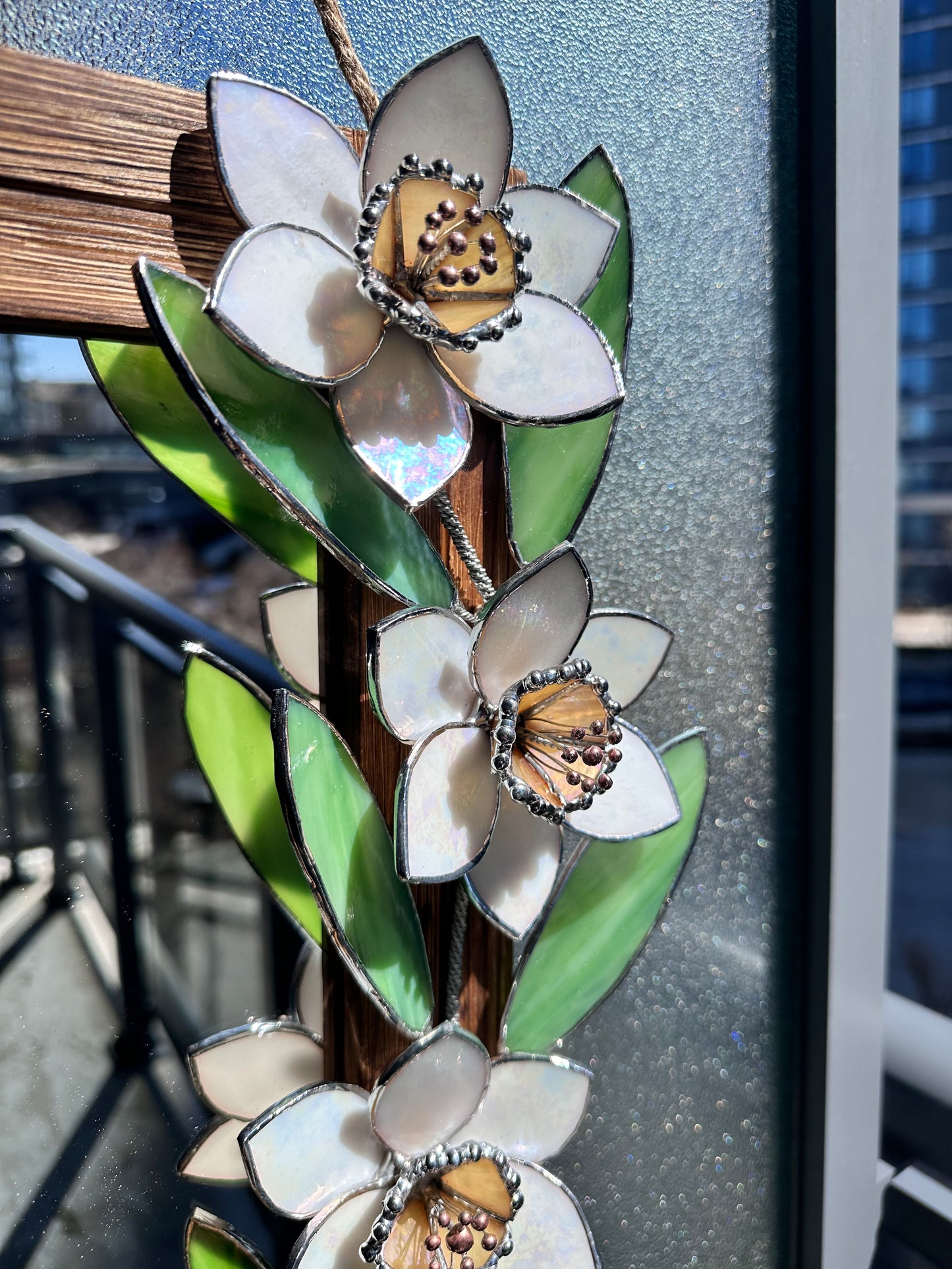 " . Flower Mirror Daffodil Pearl White”, Stained glass Wedding Wall Decor, Christmas gift Everlasting plant, Suncatcher, available