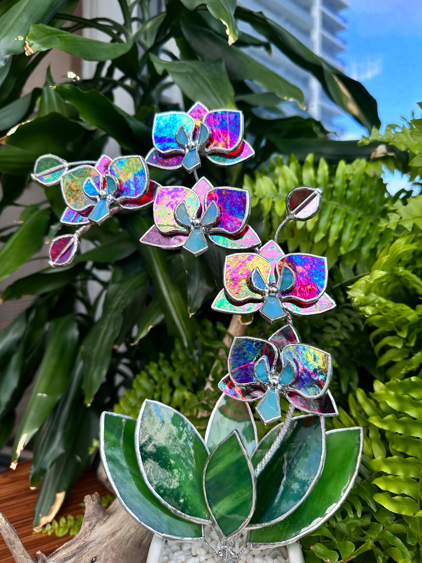 " . Red transparent iridescent Orchid 5 flowers with pot" Stained glass tropical flower 3D, Sun catcher, Table plant, Garden stick, wedding decor, Christmas gift