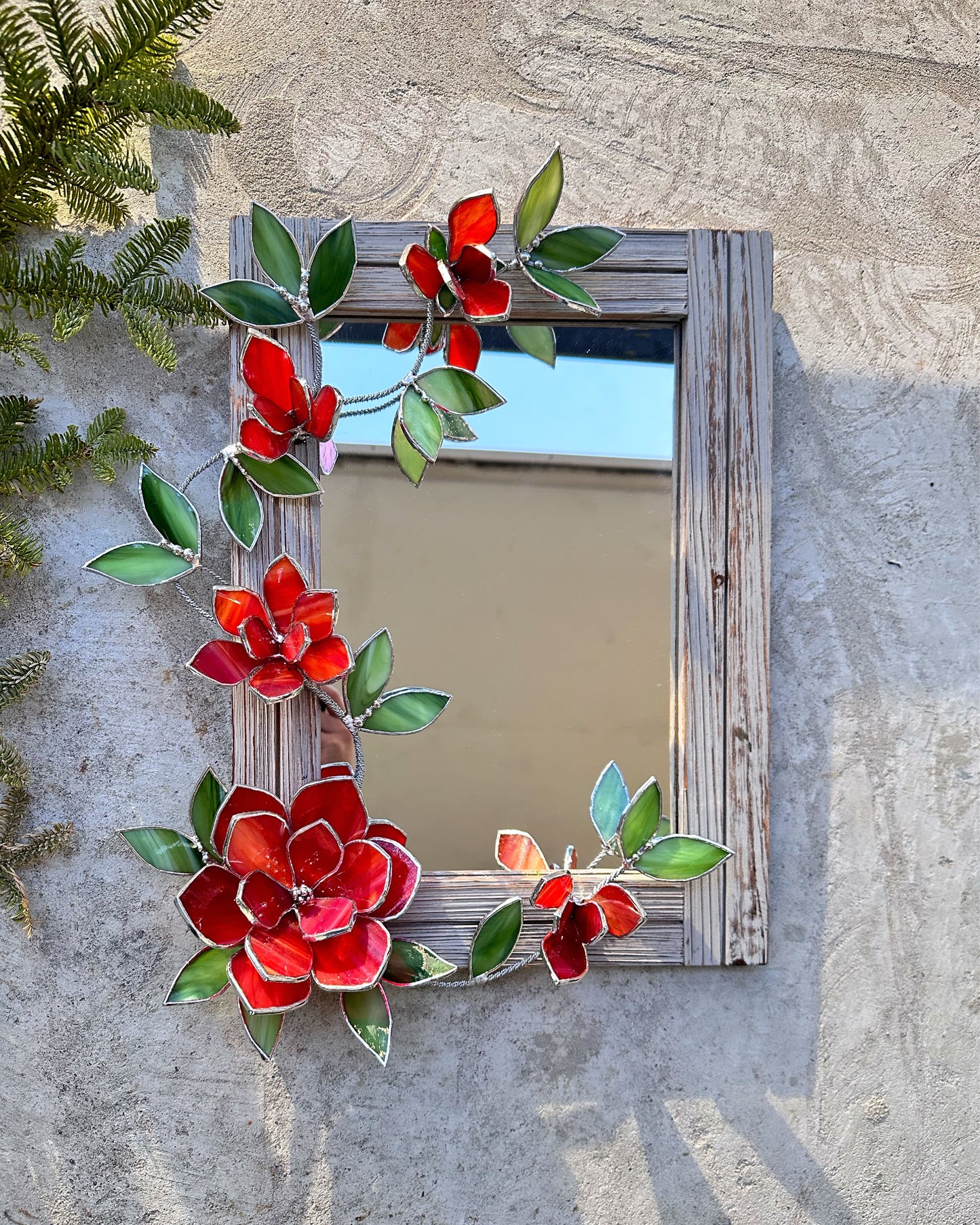 ".Stained glass flower Mirror Magnolia Red & Beige " Wedding Wall Decor, gift Everlasting flower, Suncatcher, Echeveria