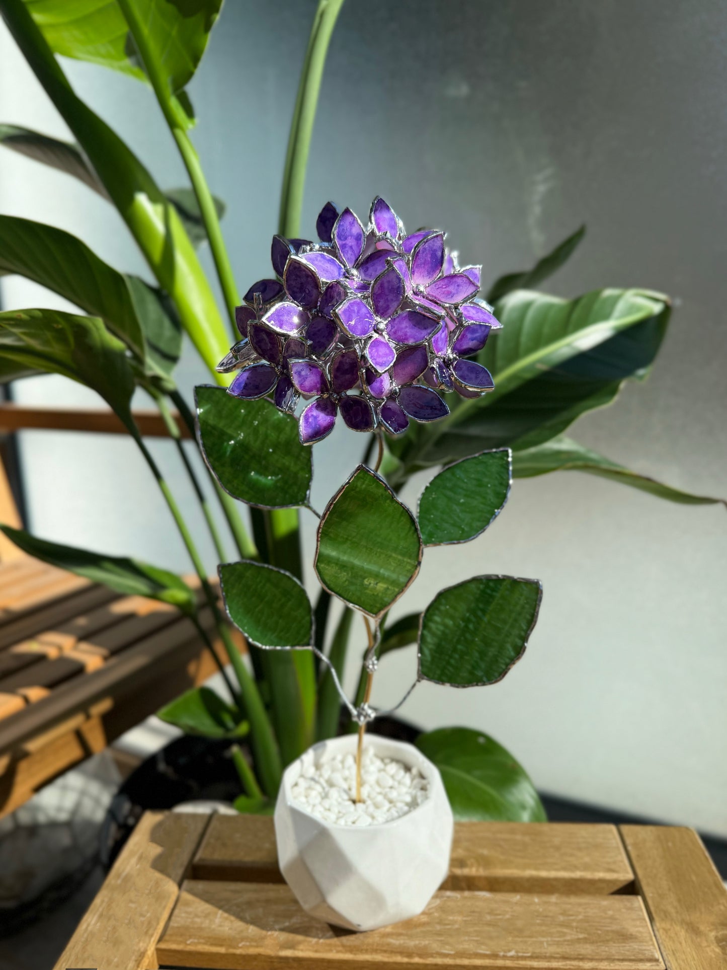 .Hand Painted Hydrangea Purple Stained glass Handcrafted Floral Home Decor