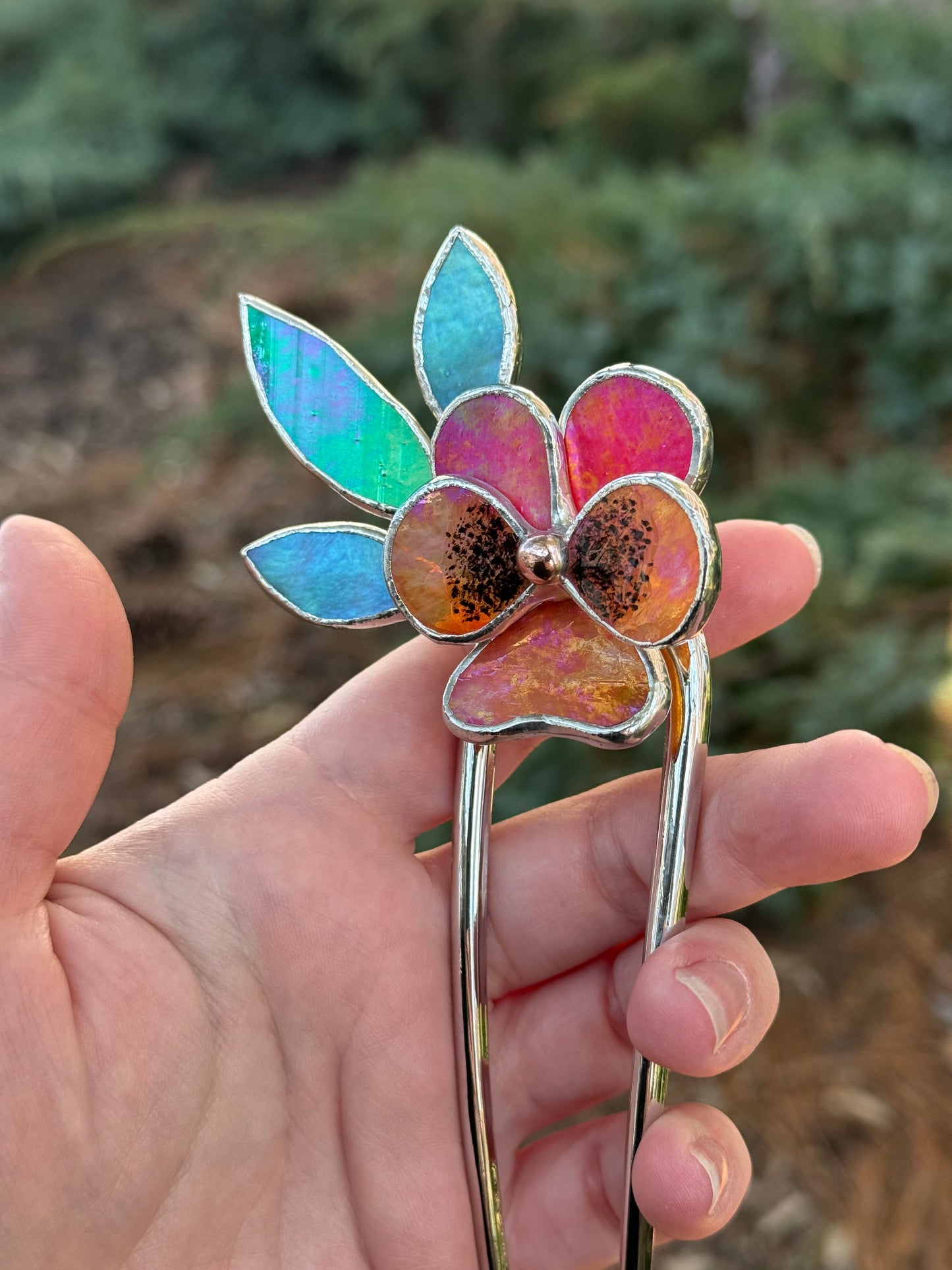 .Hair Pin Stained Glass Pansy Flower CHOOSE COLOR Handmade Floral Accessories